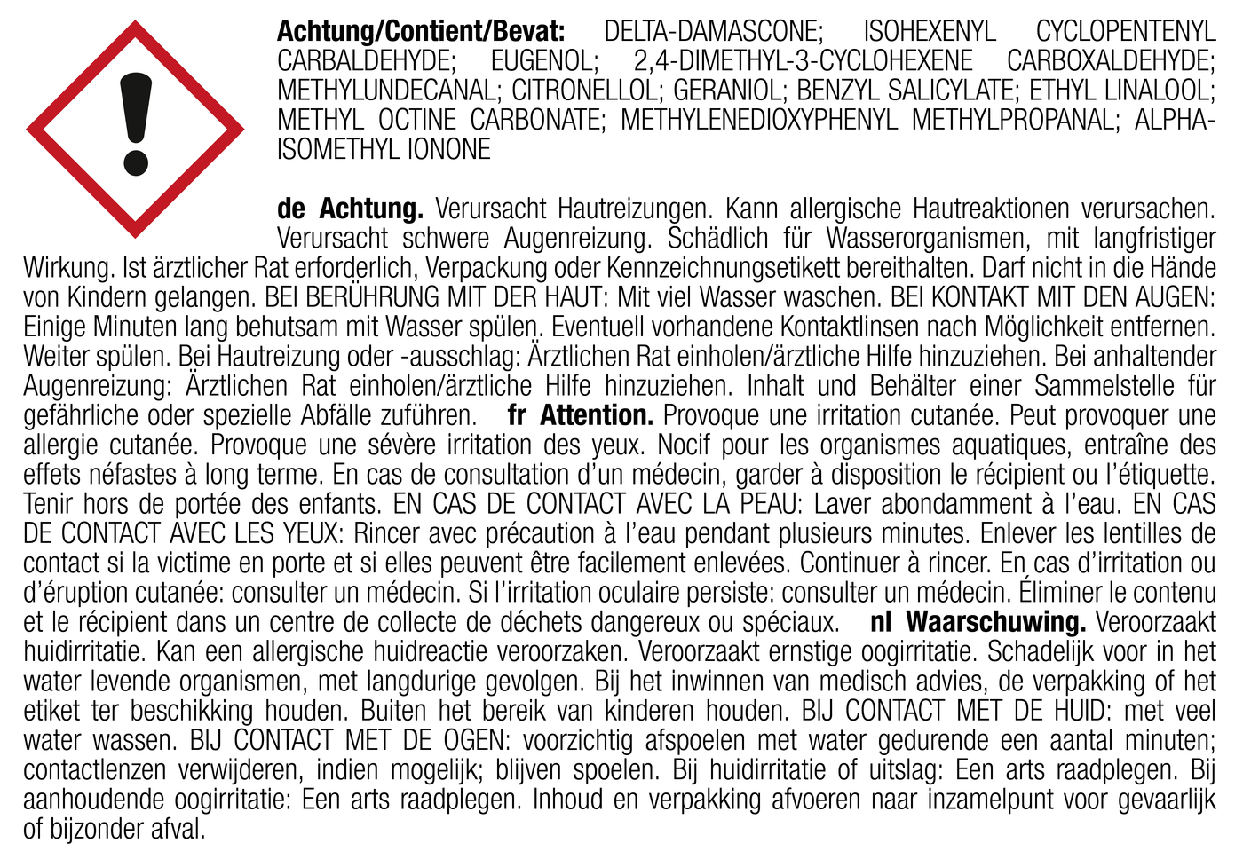 Warnsymbol mit Text in mehreren Sprachen zu den Inhaltsstoffen und Gefahren eines Produkts.