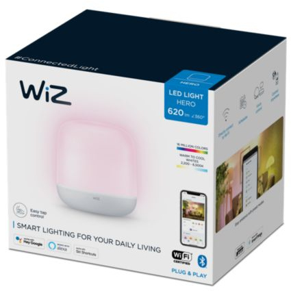 WiZ LED light box, white and black, displaying product features and app.