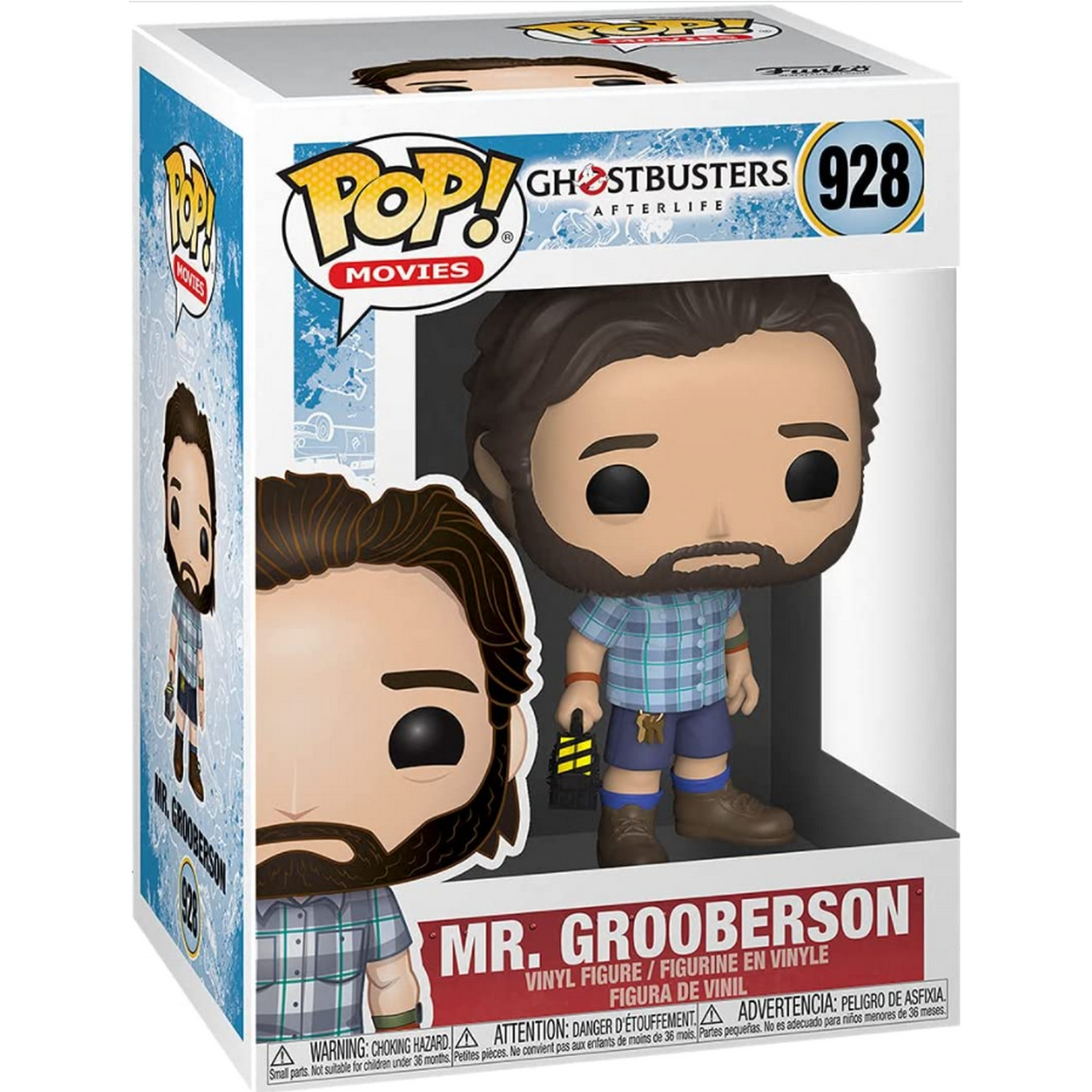 Figura Funko Pop de Mr. Grooberson de Ghostbusters: Afterlife. Tiene barba y sostiene un dispositivo.