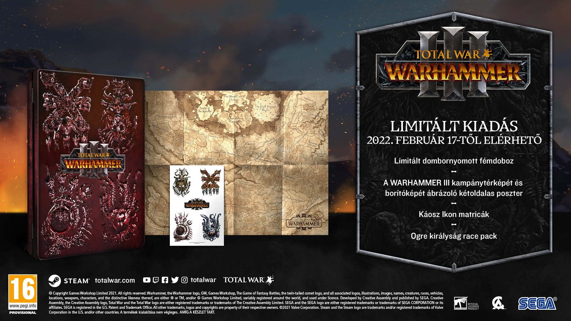 Total War: Warhammer III limitált kiadás, fémdoboz, térkép, matricák, poszter.