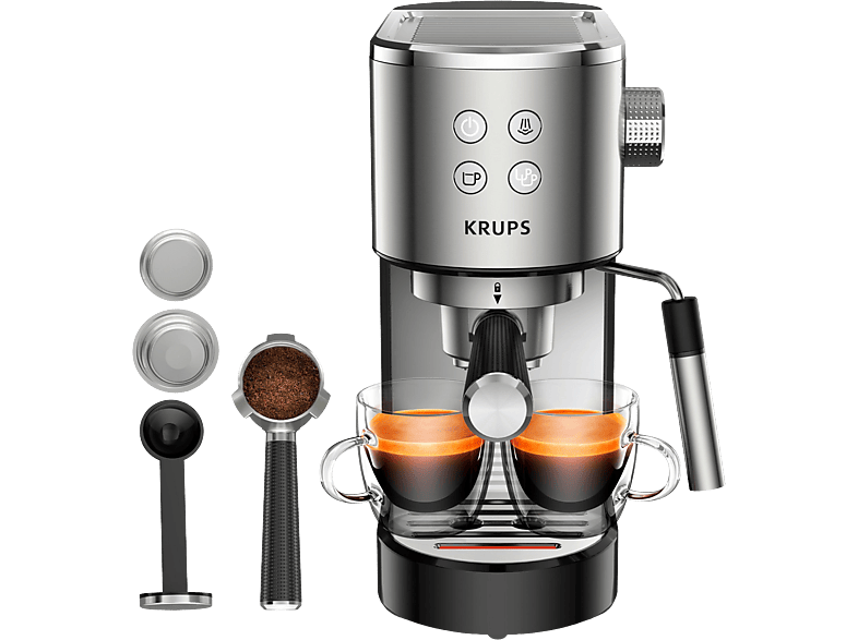 Cafetera express | Krups XP442, 1400 W, 15 Bar, 1.1 L, 1-2 Cafés, Sistema Botones iluminados, Acero Inoxidable
