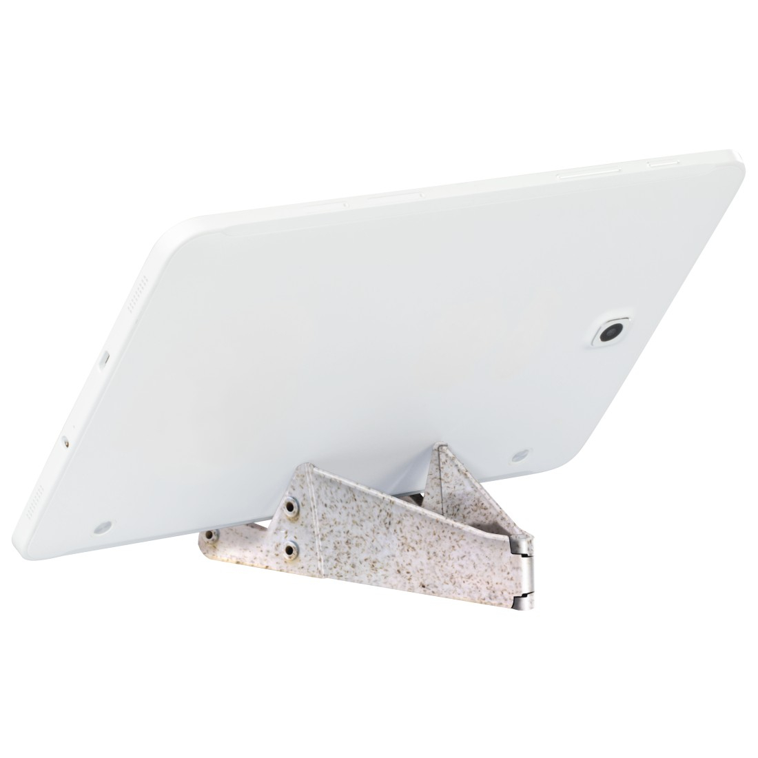Ein weißes Tablet wird auf einem weiß-silbernen Ständer auf einer weißen Oberfläche aufgestellt.