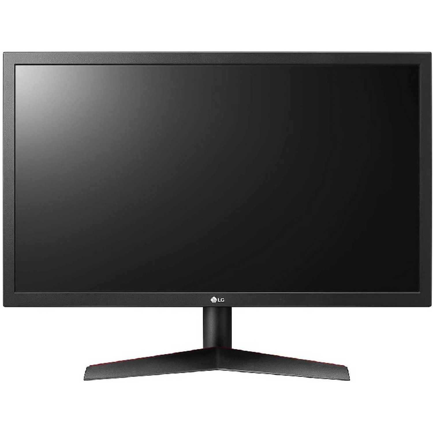Monitor de ordenador LG negro con bisel negro y soporte con detalles rojos.