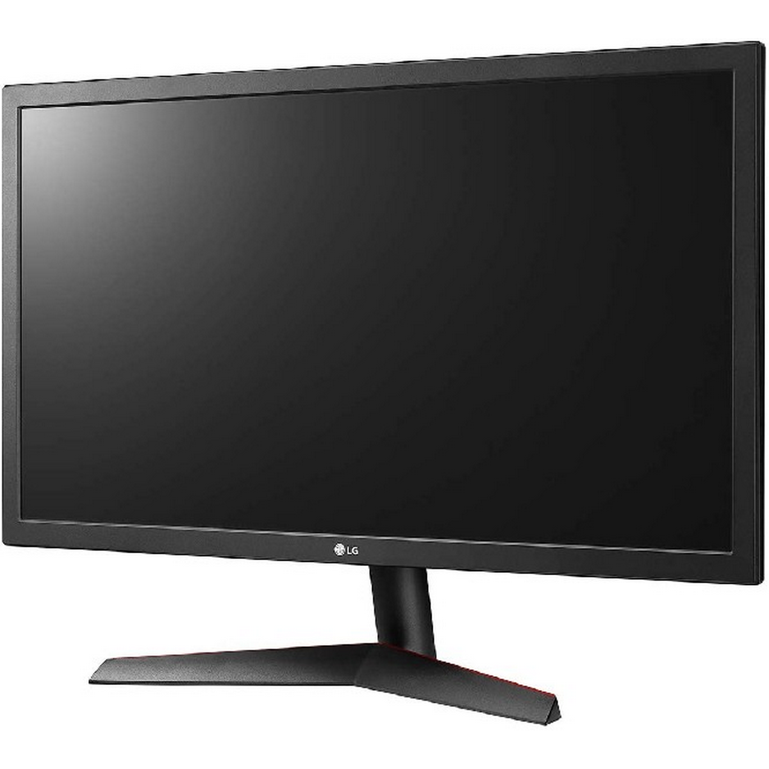 Monitor de ordenador negro con soporte negro y acentos rojos. La pantalla está apagada.