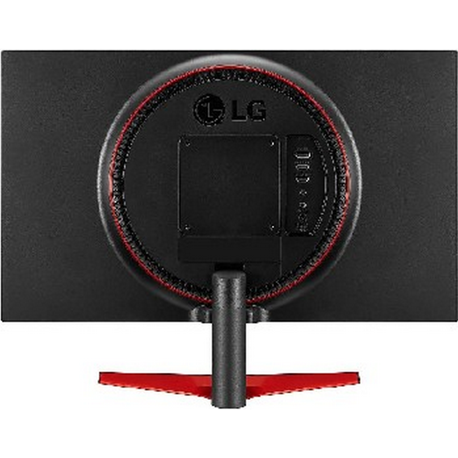 Parte trasera de un monitor negro con el logotipo de LG, detalles en rojo y varios puertos.