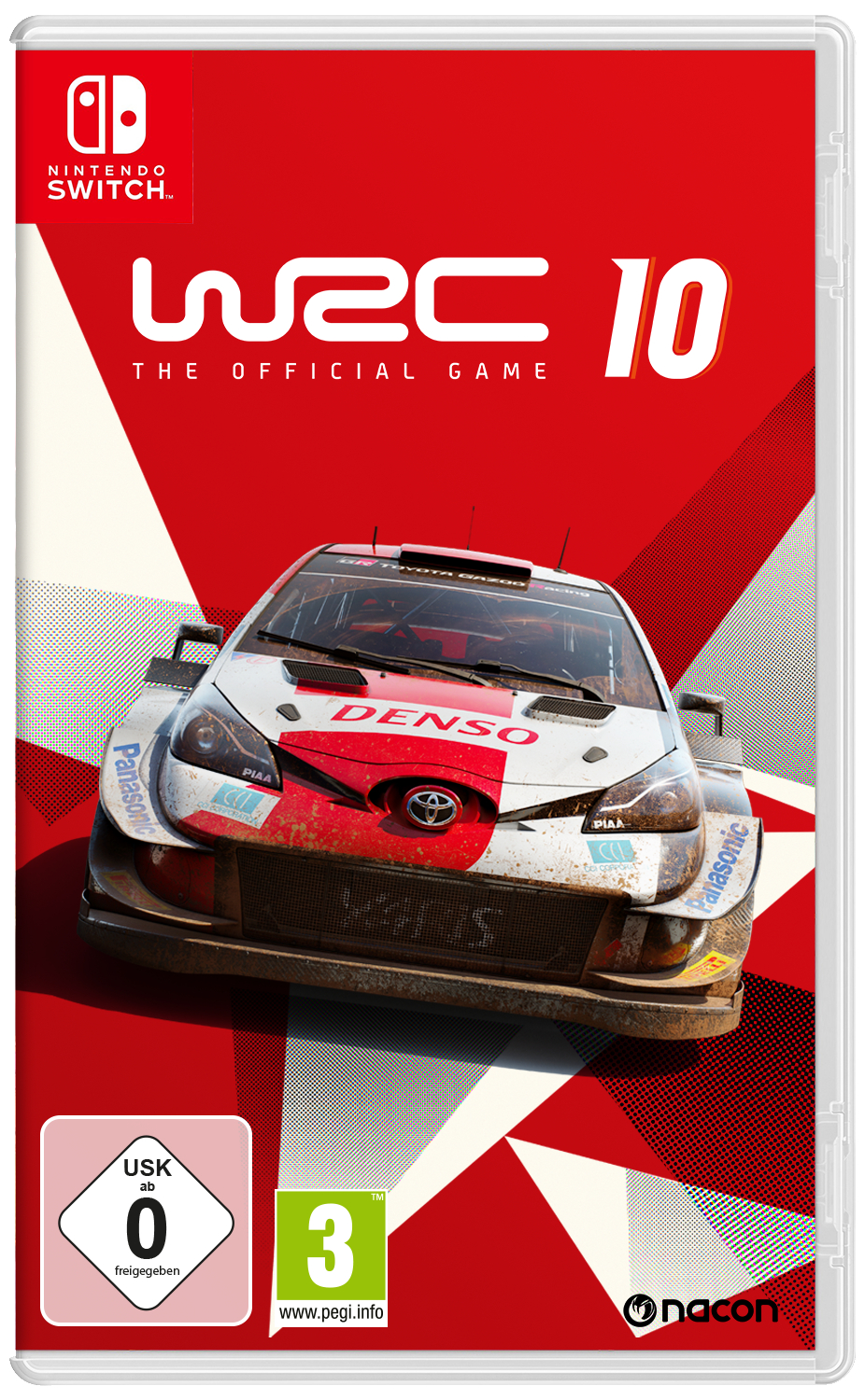 Videospielhülle für Nintendo Switch. Zeigt ein Rallyeauto auf rotem und weißem Hintergrund.