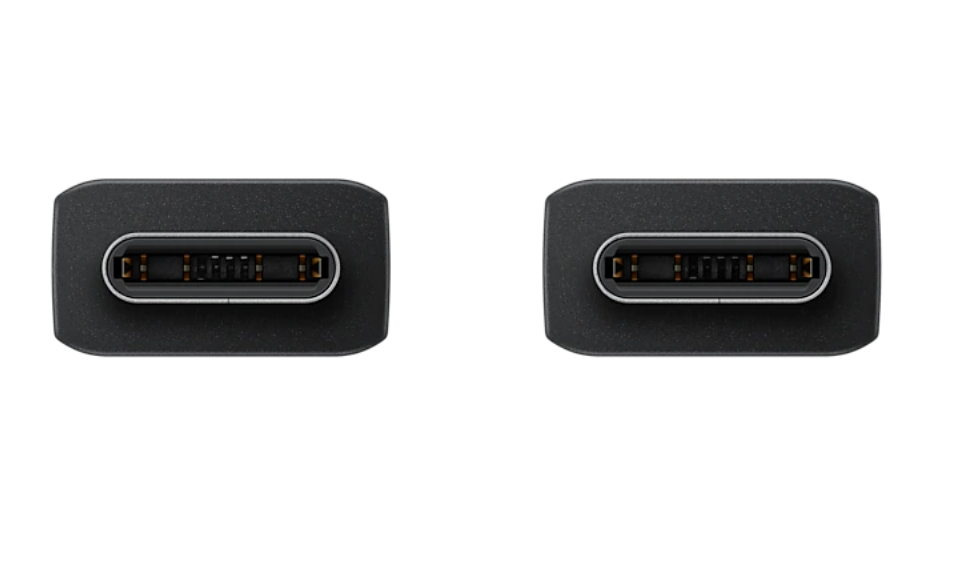 Zwei schwarze USB-C-Anschlüsse nebeneinander vor weißem Hintergrund. Sie sind Stirnseite.