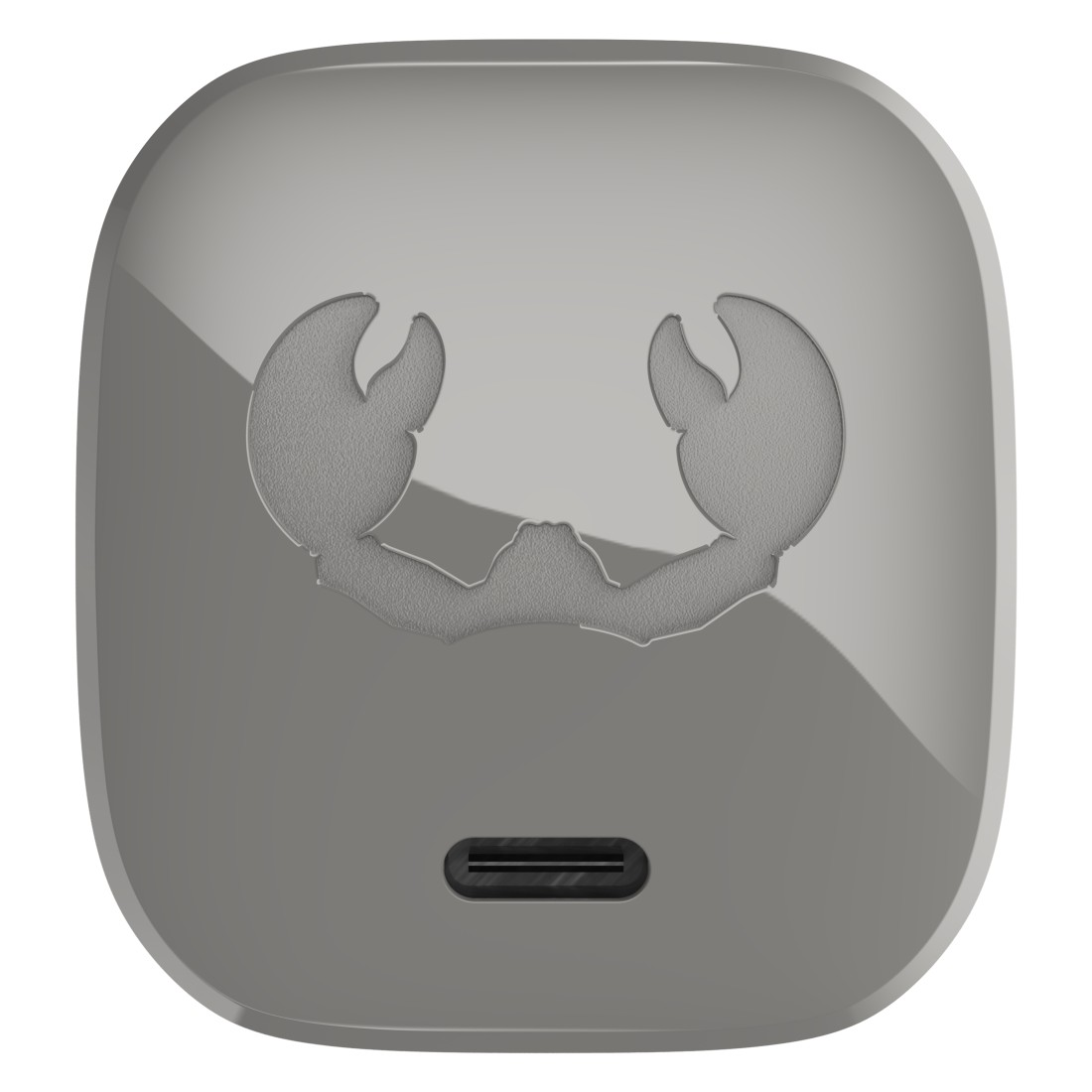 Graues Ladezubehör mit Krabbenlogo und USB-C-Anschluss. Es ist glänzend und gewölbt.