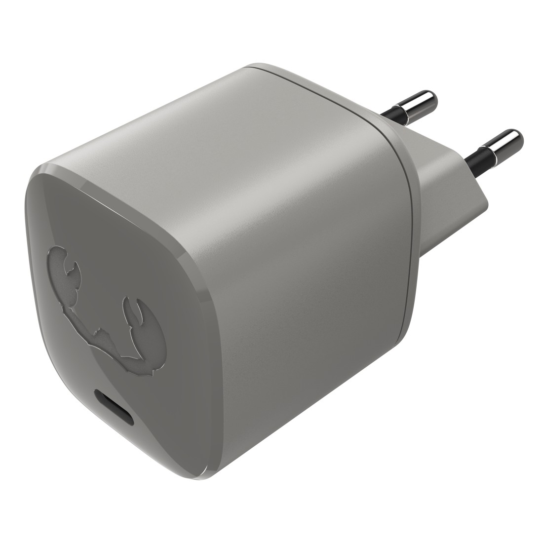 Grauer Ladeadapter mit zwei Stiften. Das Markenlogo befindet sich an der Seite. Es ist ein kompaktes, modernes Design.