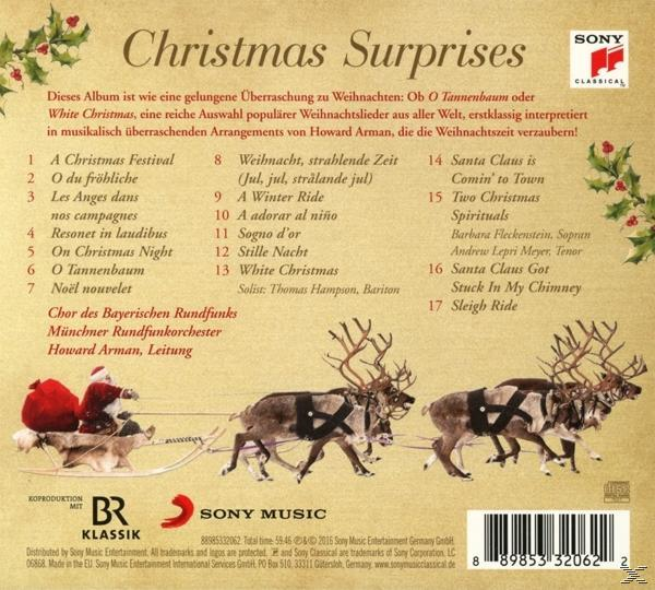 CD-borító a Christmas Surprises címmel. Jelenet rénszarvas szánnal és a számlistával.