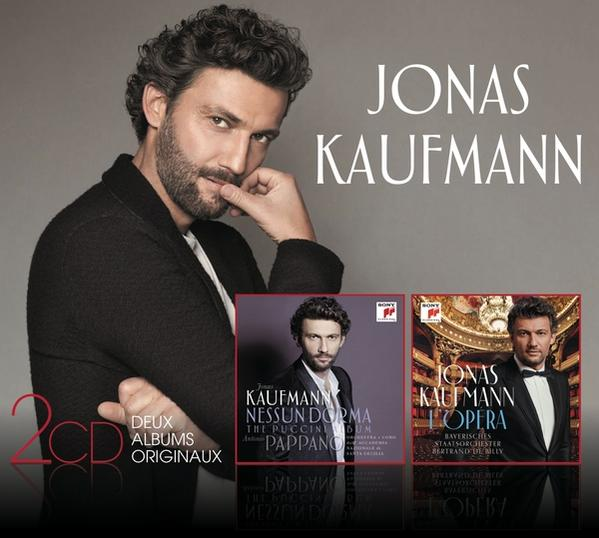 Jonas Kaufmann CD borító az énekes portréjával és két albummal alul.