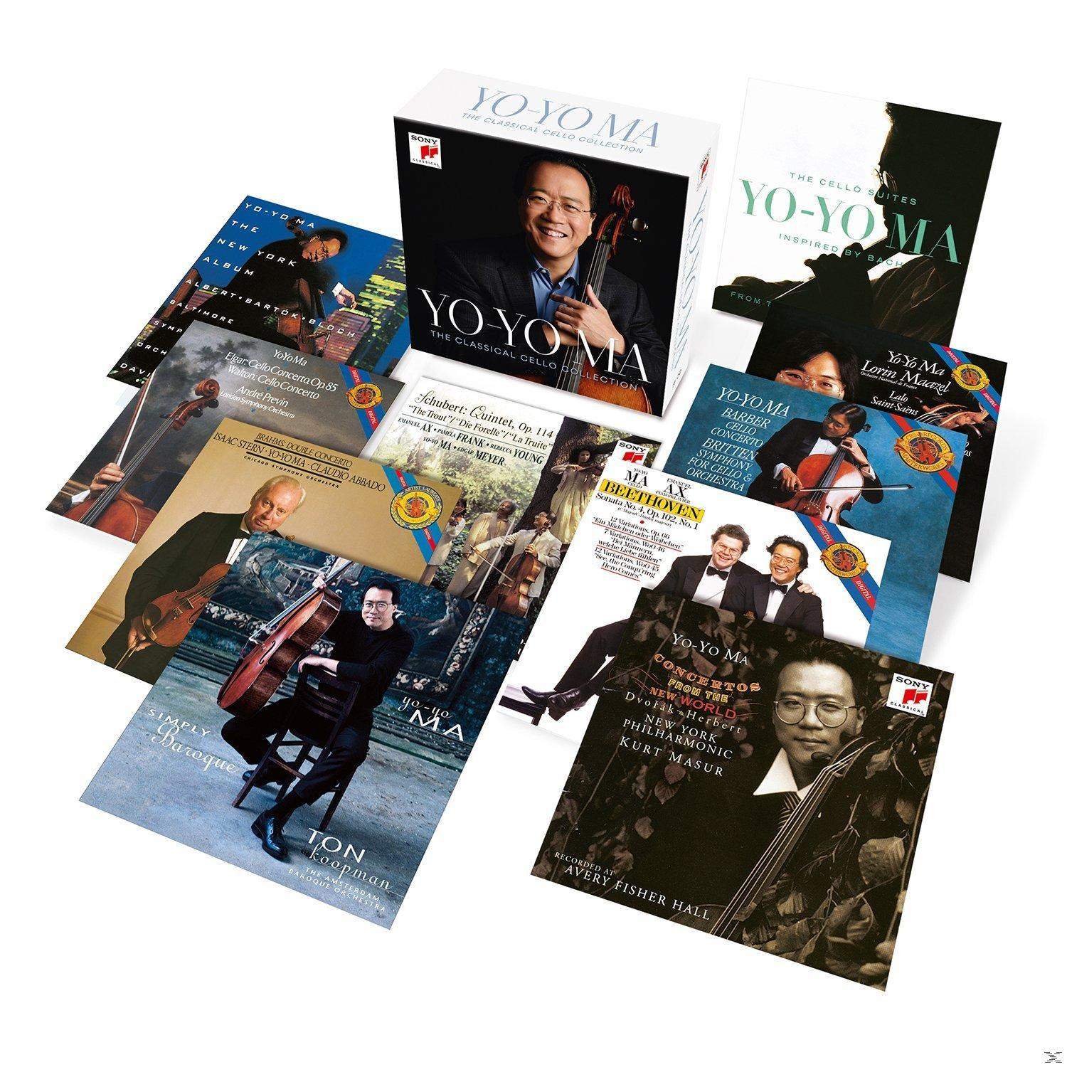Több CD-album, köztük Yo-Yo Ma klasszikus cselló gyűjteménye, fehér háttér előtt.