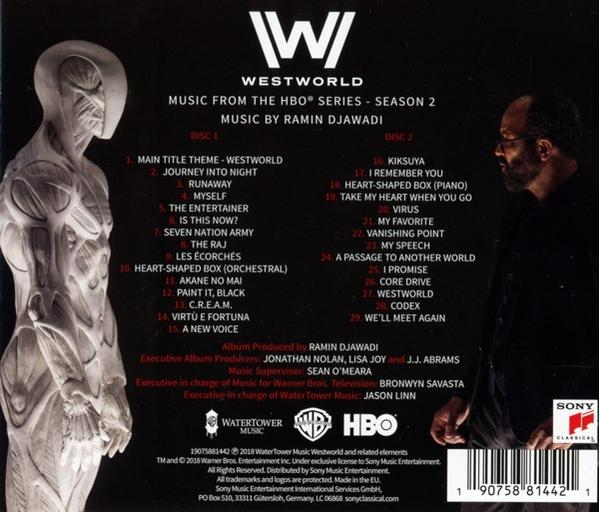 Westworld 2. évad soundtrack borítója, figurával és számlistával.