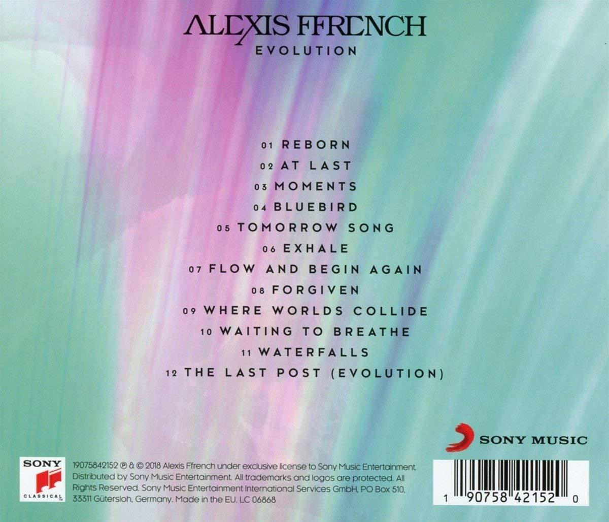 Alexis Ffrench "Evolution" CD hátlapja. Számlista: Reborn, At Last, Moments, Bluebird, stb.