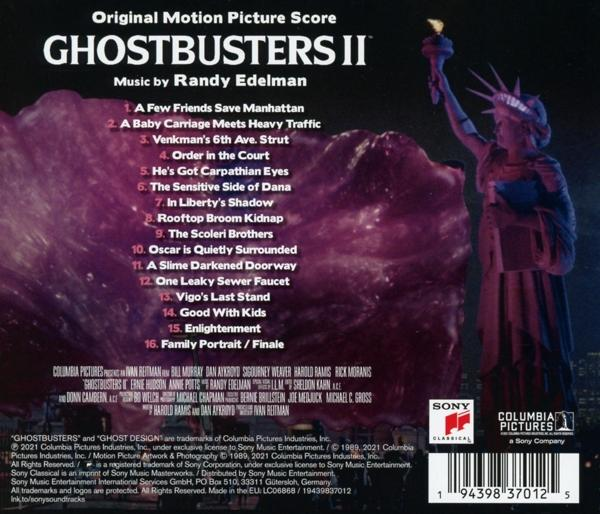 A Ghostbusters II CD-tok hátulja. A borítót és a számlistát mutatja.