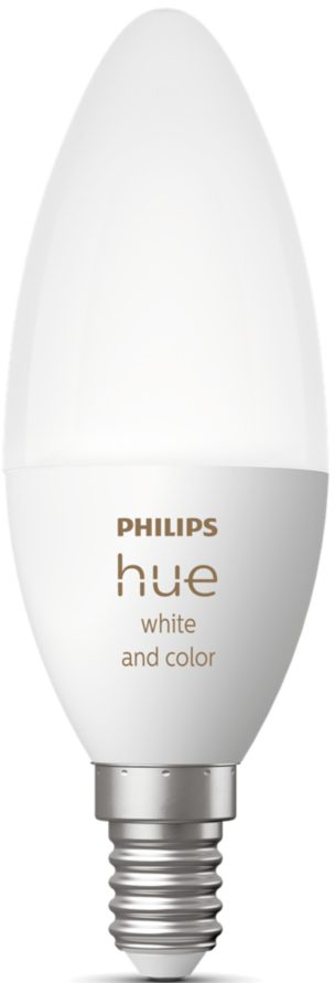 Ampoule blanche en forme de bougie, base argentée, logo 'Philips hue'.