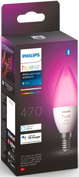 Ampoule intelligente Philips Hue dans une boîte. L'ampoule est rose et la boîte affiche les détails d'intégration de l'application.
