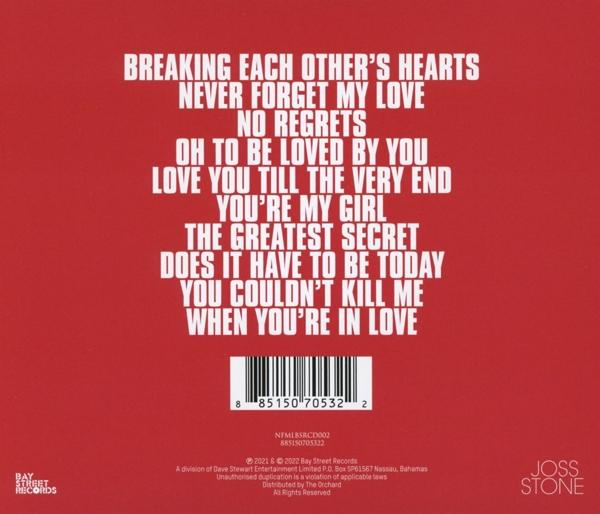 Roter Albumcover mit weißem Text. Enthält Songtitel und einen Barcode unten.