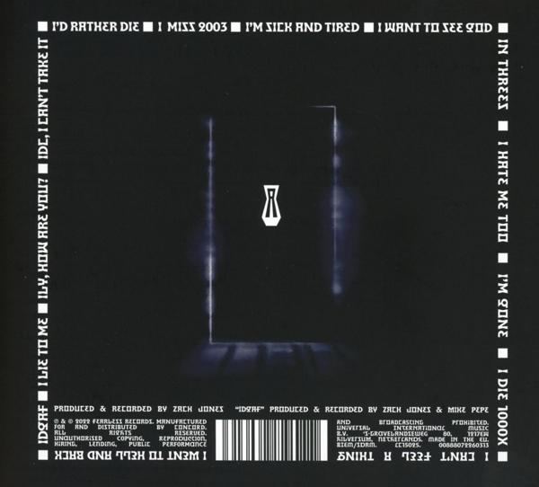 Albumcover mit schwarzem Hintergrund, weißem Text und einer Darstellung einer Tür und eines Symbols.