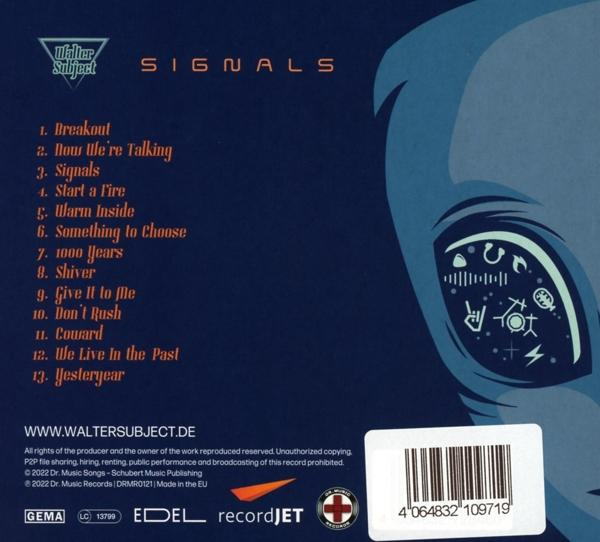 CD-Cover mit Text und einem blauen, außerirdischen Gesicht mit Symbolen und Text: Signals.