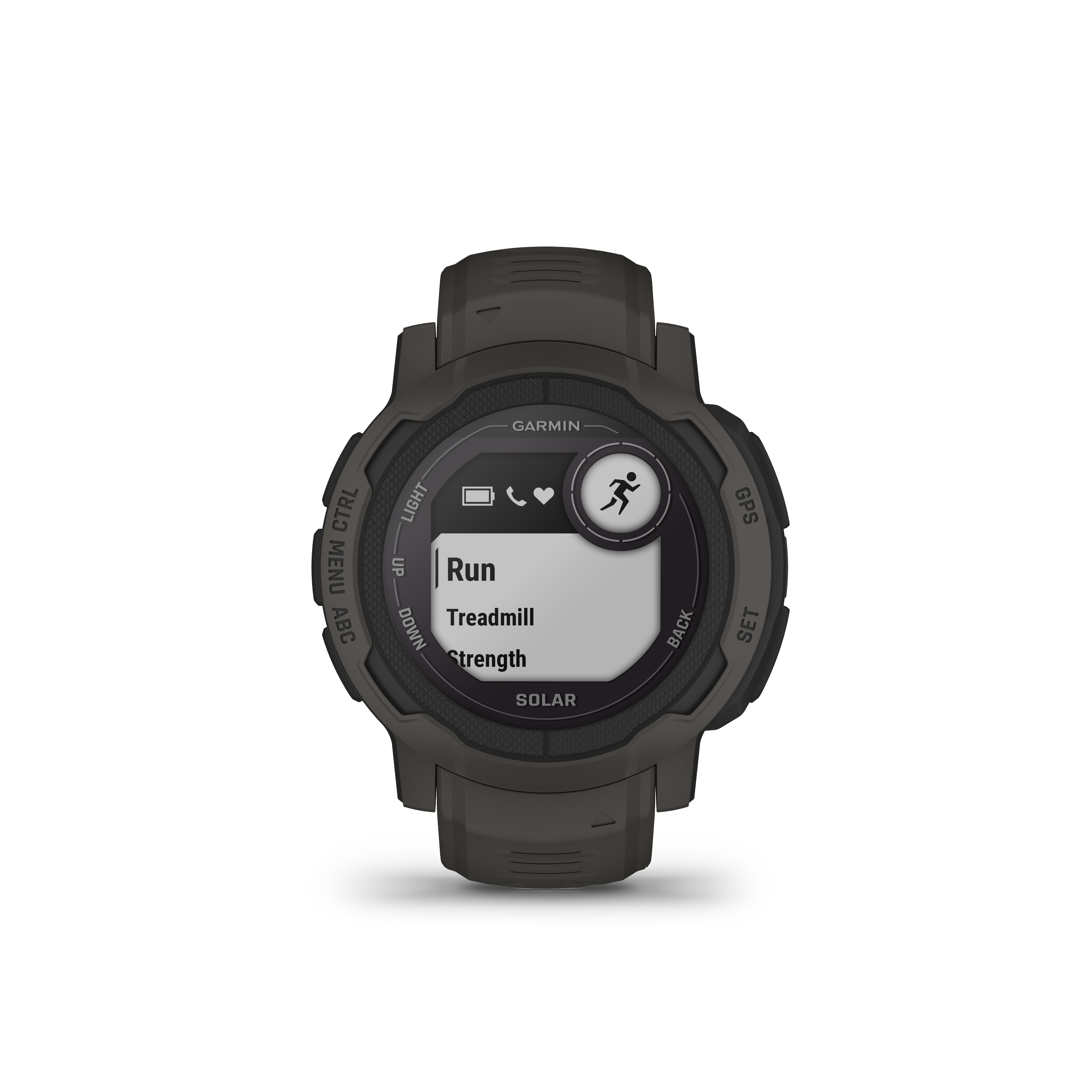 Dunkelgraue Garmin-Uhr, die die Optionen Laufen, Laufband und Kraft auf weißem Hintergrund anzeigt.