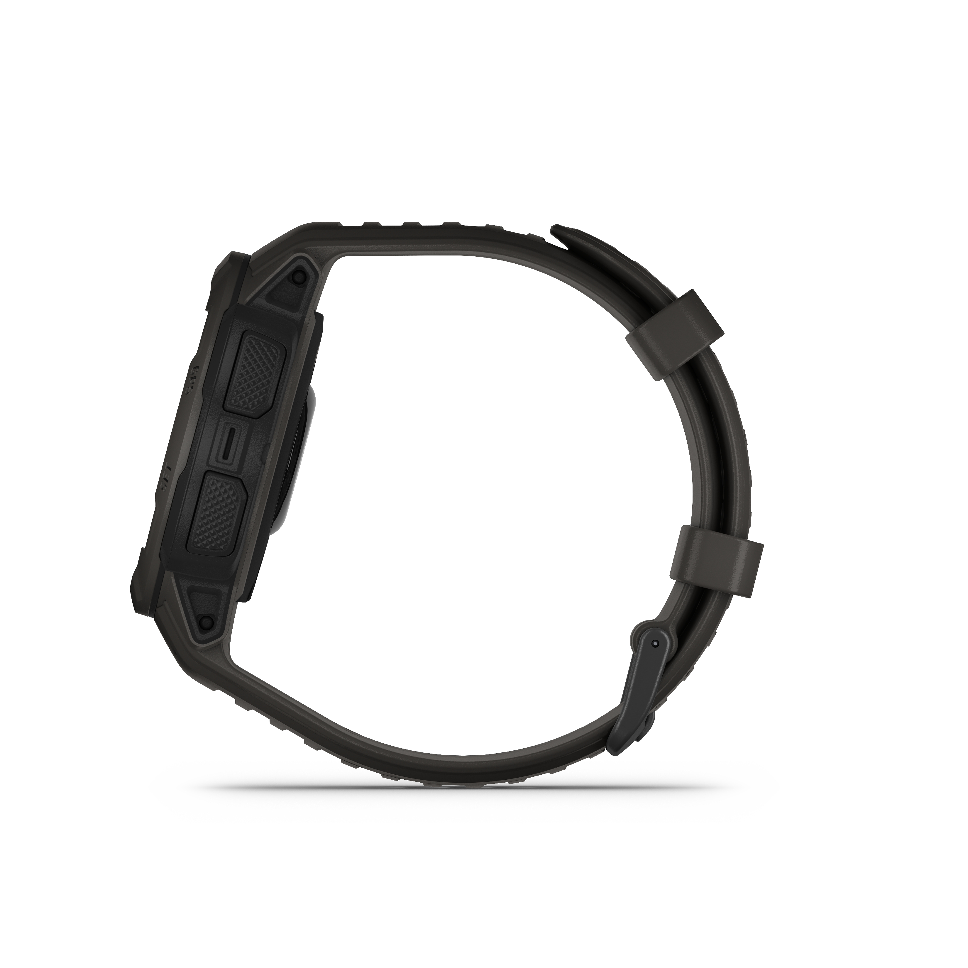 Schwarze Smartwatch auf weißem Hintergrund, Seitenansicht, die das Armband zeigt.