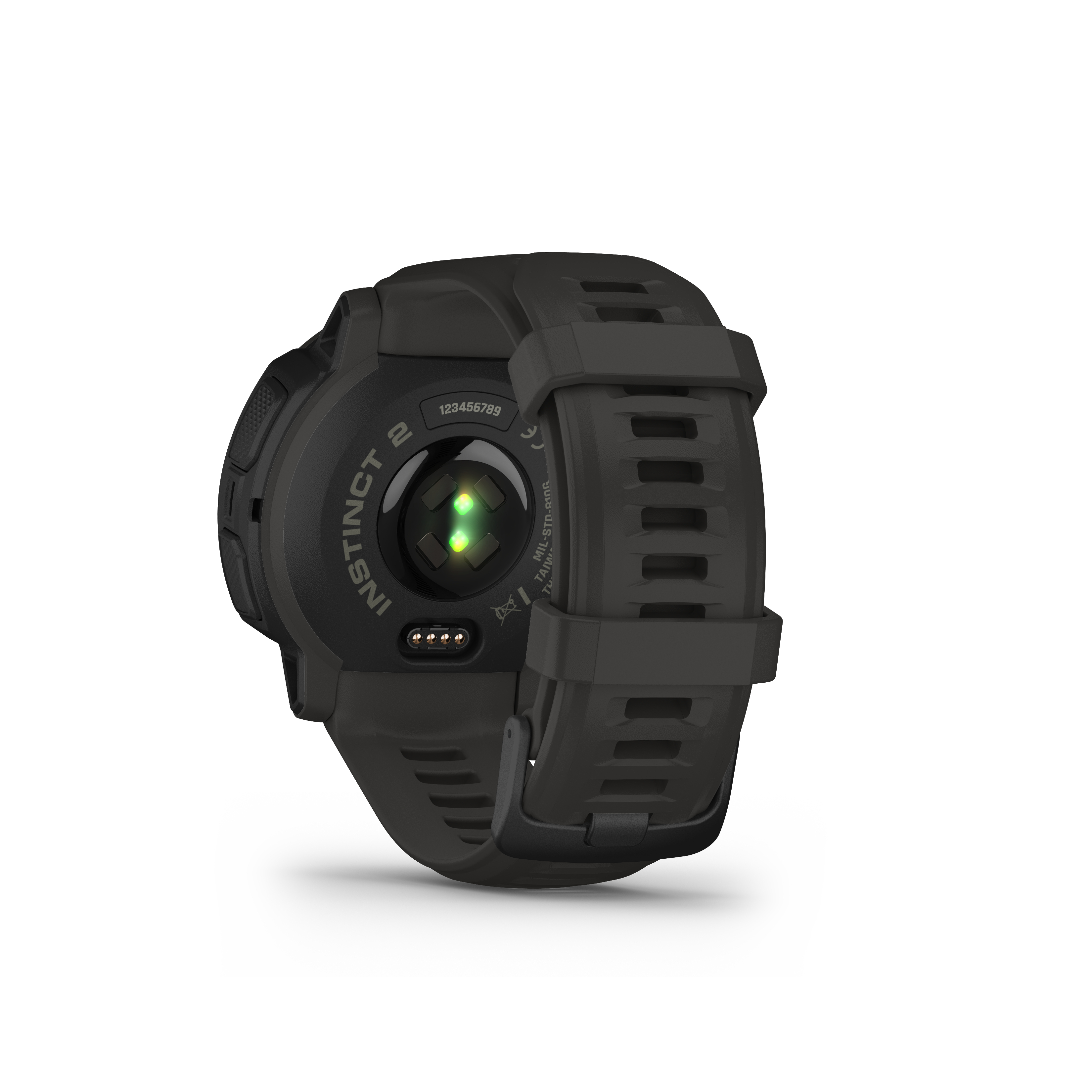 Eine schwarze Smartwatch von hinten, mit Herzfrequenzsensor und Armband.
