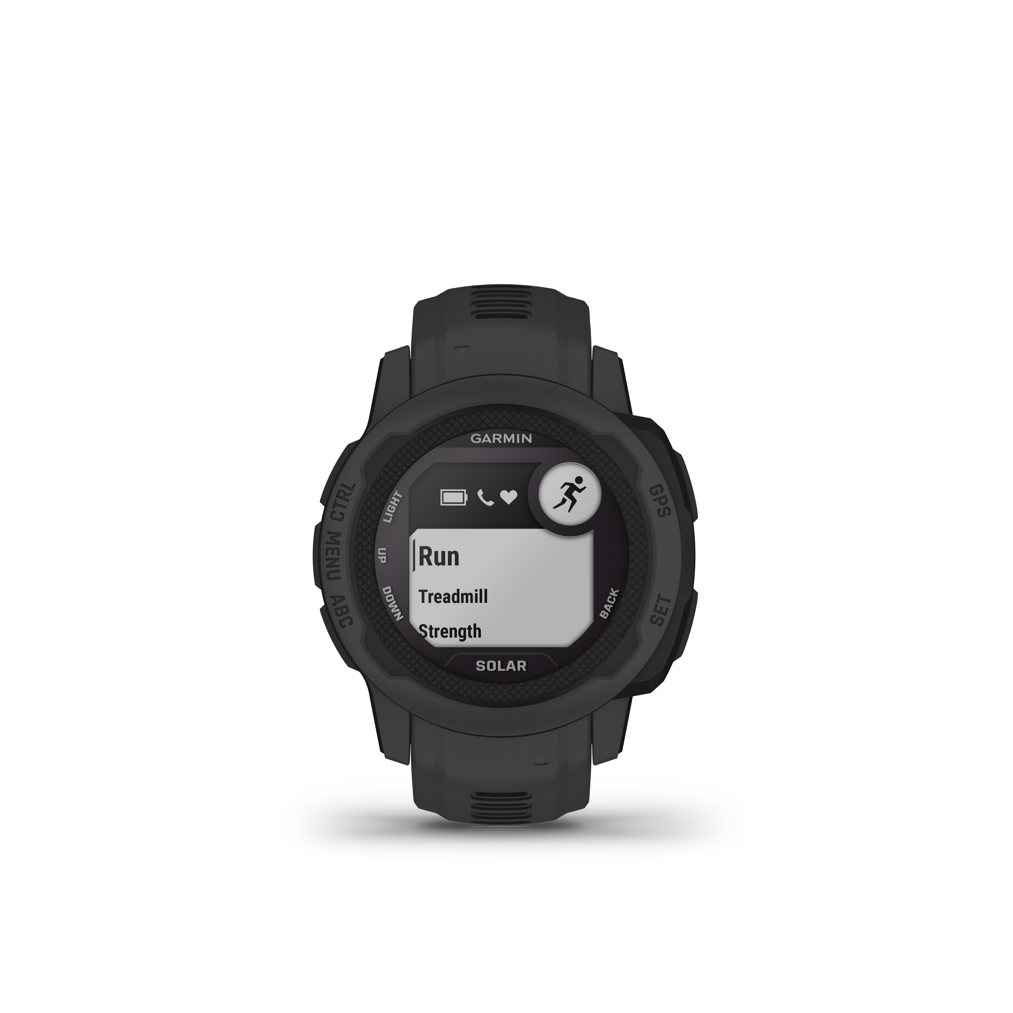 Garmin Smartwatch mit schwarzem Armband. Lauf-, Laufband- und Kraftmodi werden angezeigt.