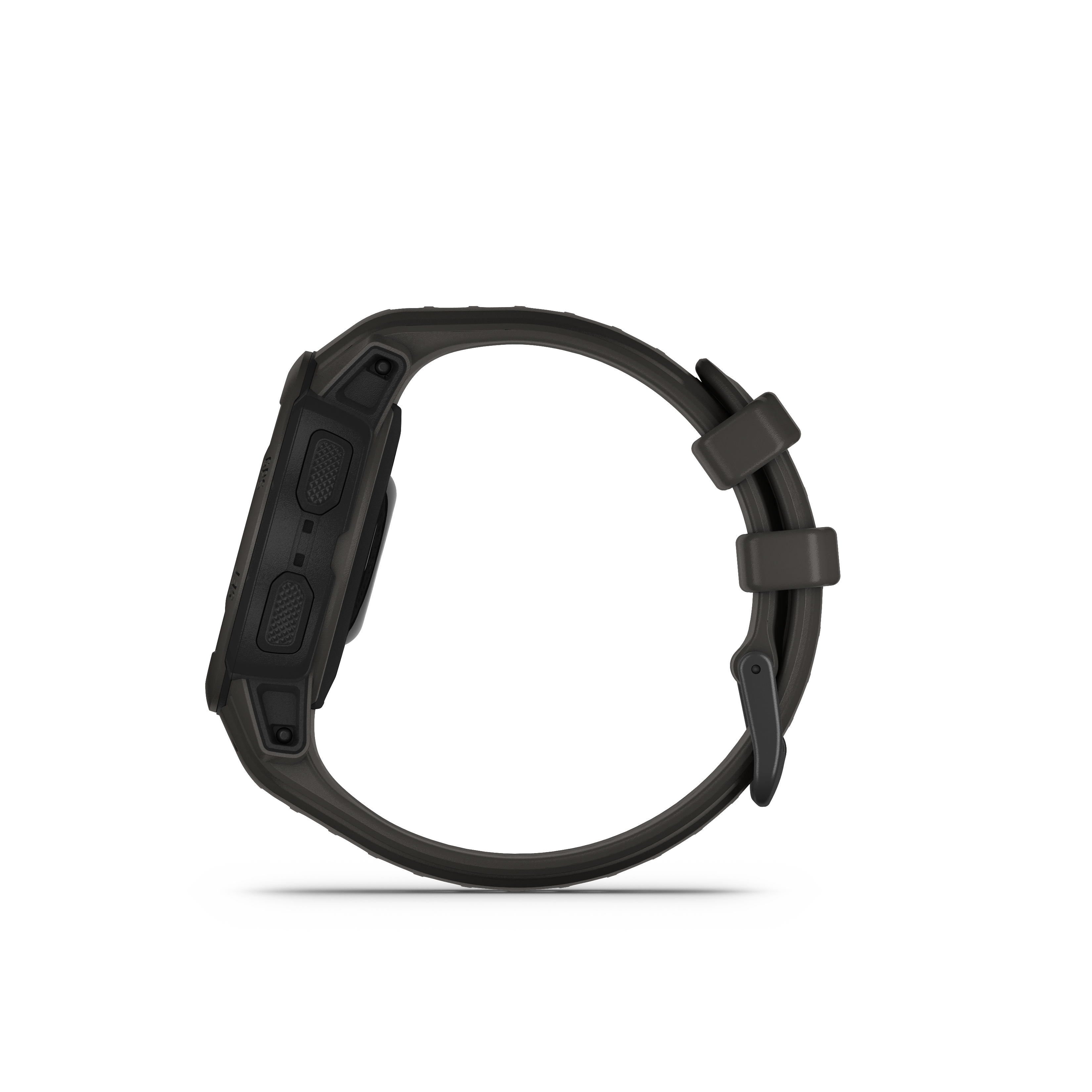 Eine schwarze Garmin Smartwatch, Seitenansicht, mit schwarzem Armband, auf weißem Hintergrund.