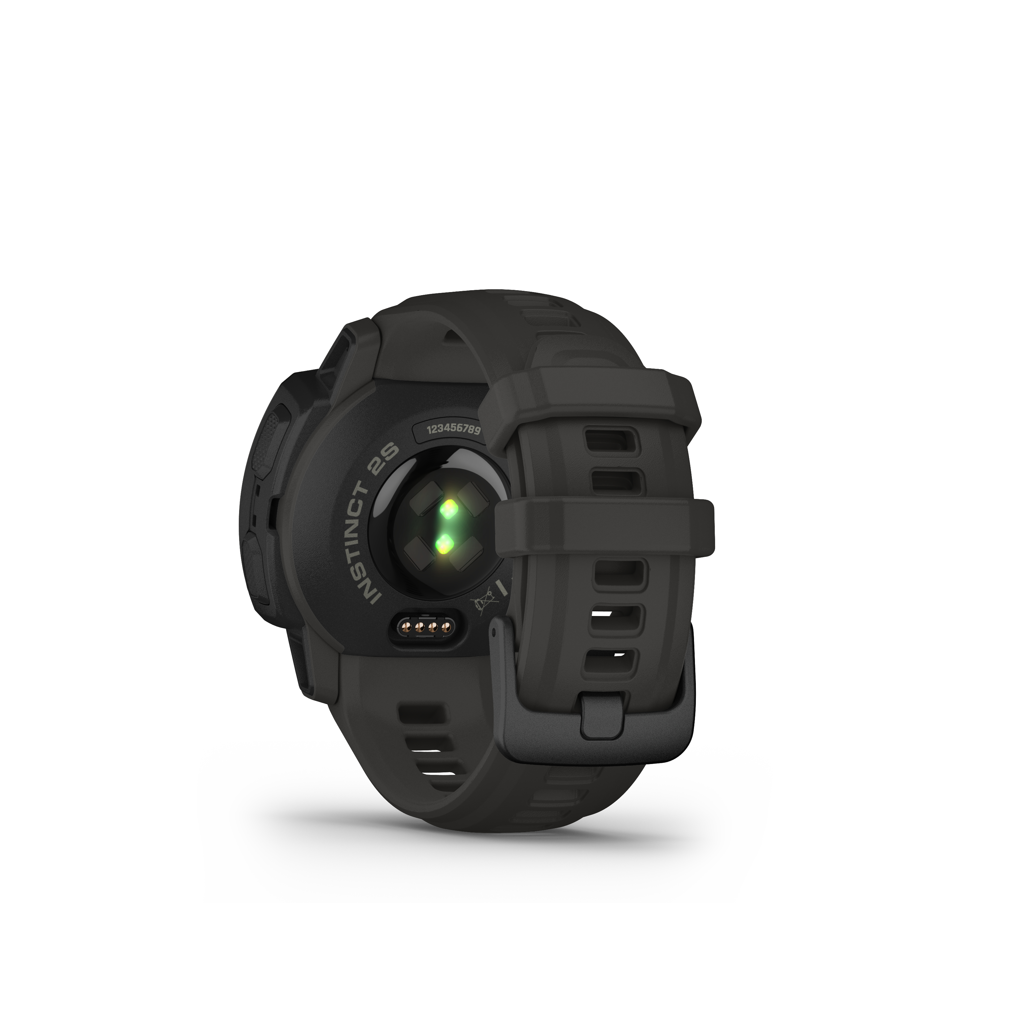 Nahaufnahme einer Garmin Instinct 2S Uhr, die Rückseite und Armband zeigt.