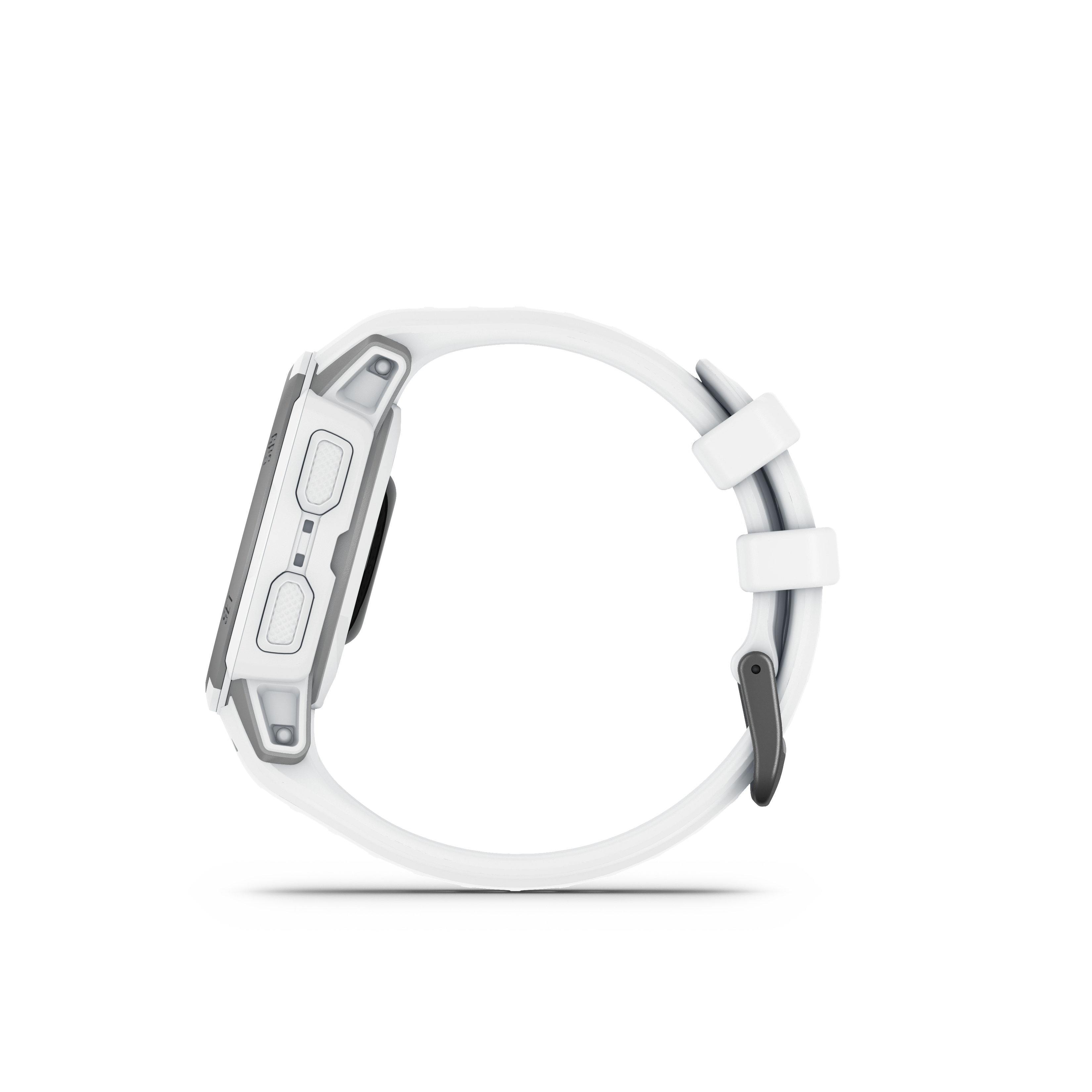 Eine weiße Smartwatch von der Seite, mit Knöpfen und einem weißen Armband.