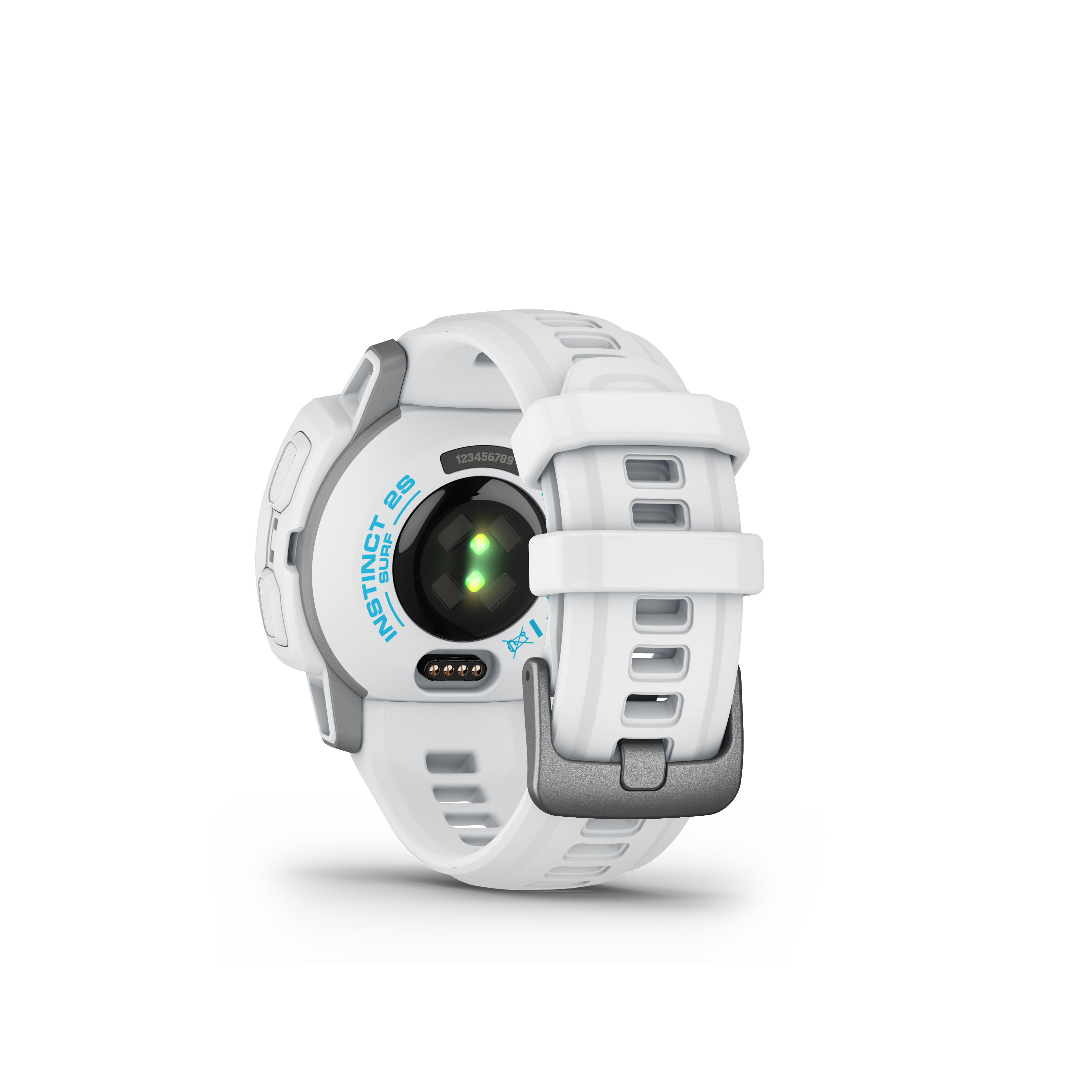 Weiße Smartwatch, Rückansicht, mit Herzfrequenzsensor.