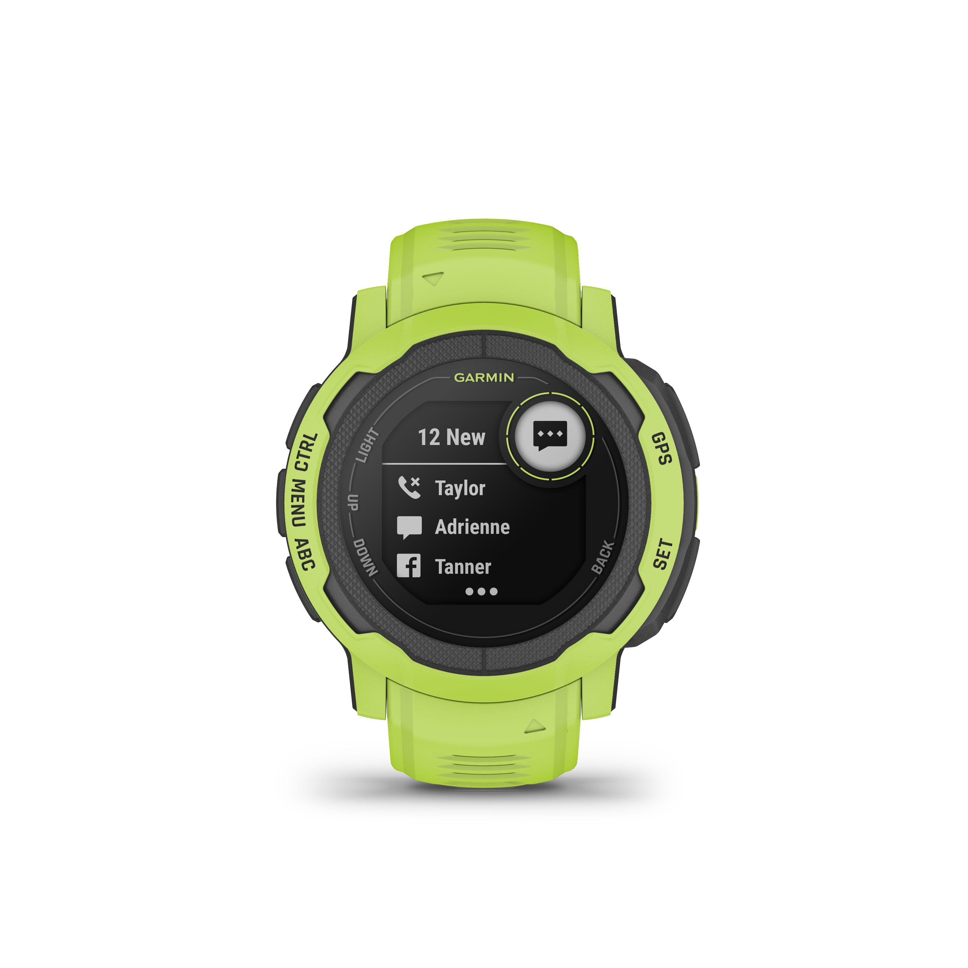 Limettengrüner Smartwatch-Bildschirm mit App-Benachrichtigungen. Das Garmin-Logo oben.