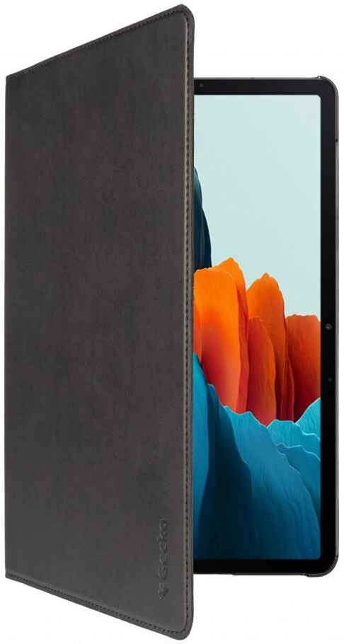 Black tablet with a case open. The tablet shows an abstract image with blue and orange colors.