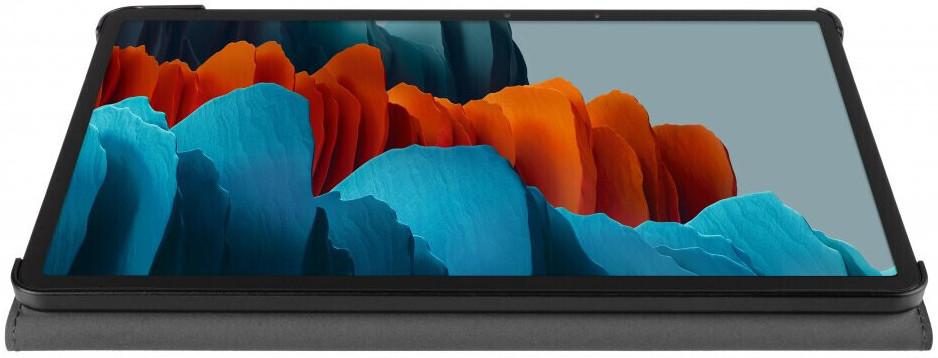 Tablet in a black case, showing a colorful abstract image on the screen, angled perspective.