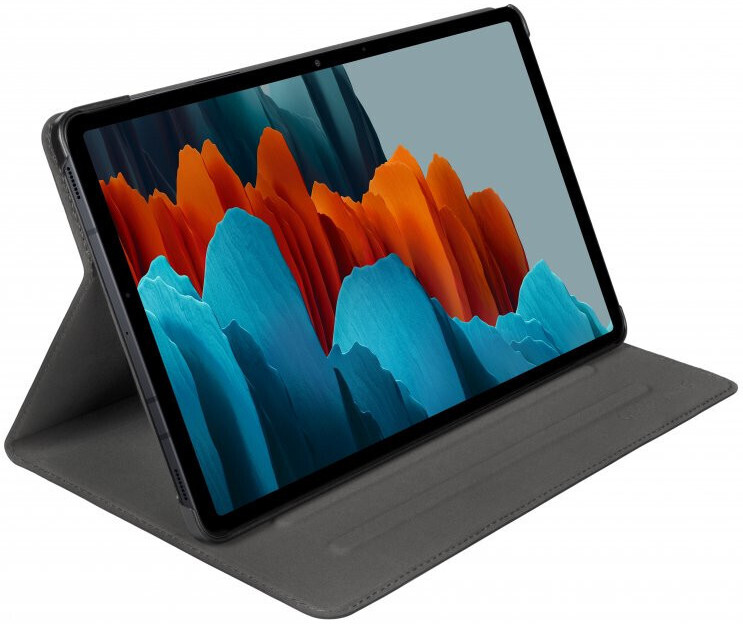 Tablet with a cover open, angled. The screen shows a blue and orange abstract graphic.