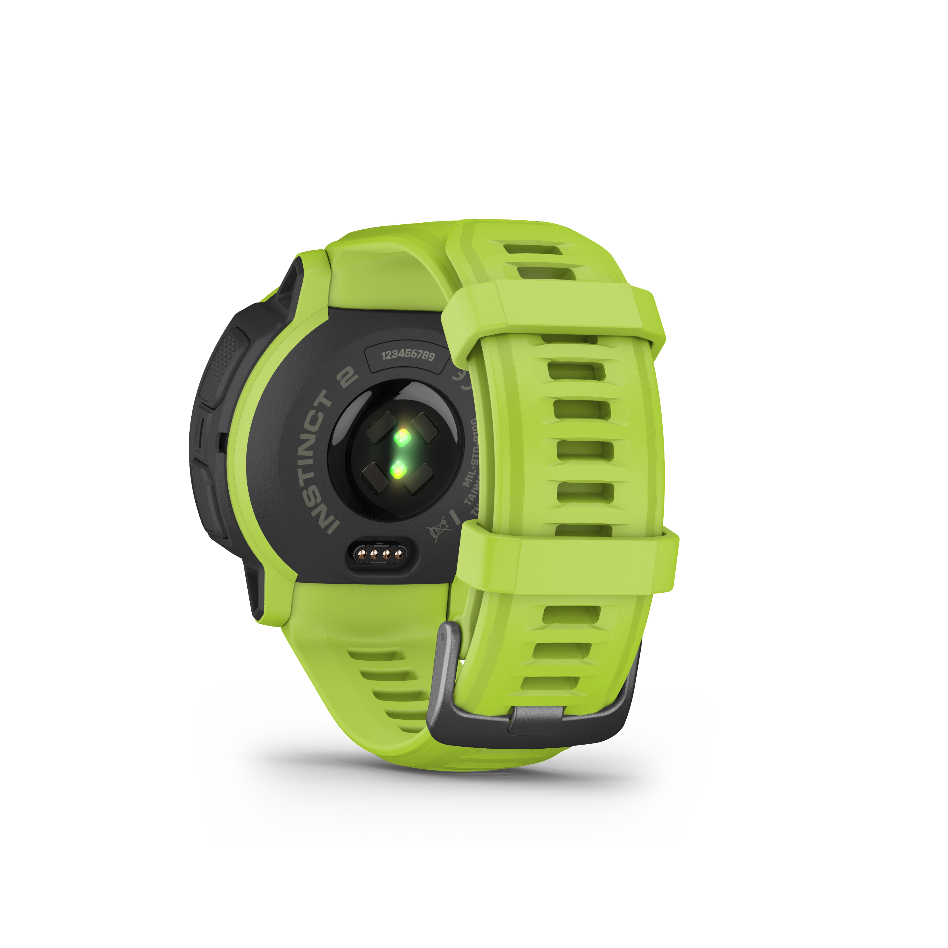 Eine limettengrüne Smartwatch mit schwarzer Lünette. Sie hat ein grünes Armband und wird von hinten gesehen.