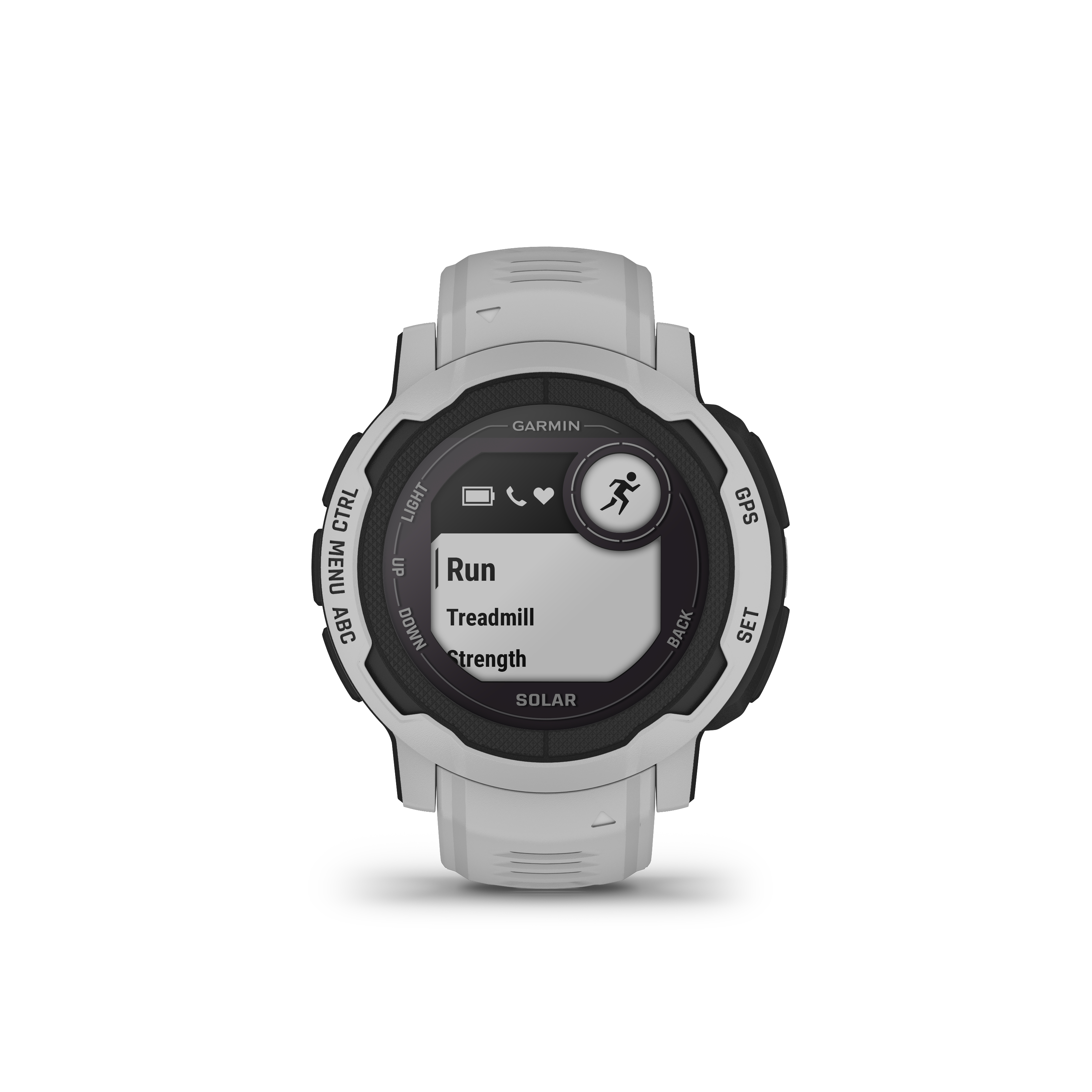 Eine weiße Garmin-Sportuhr mit Fitnessaktivitätsoptionen: Laufen, Laufband, Kraft.