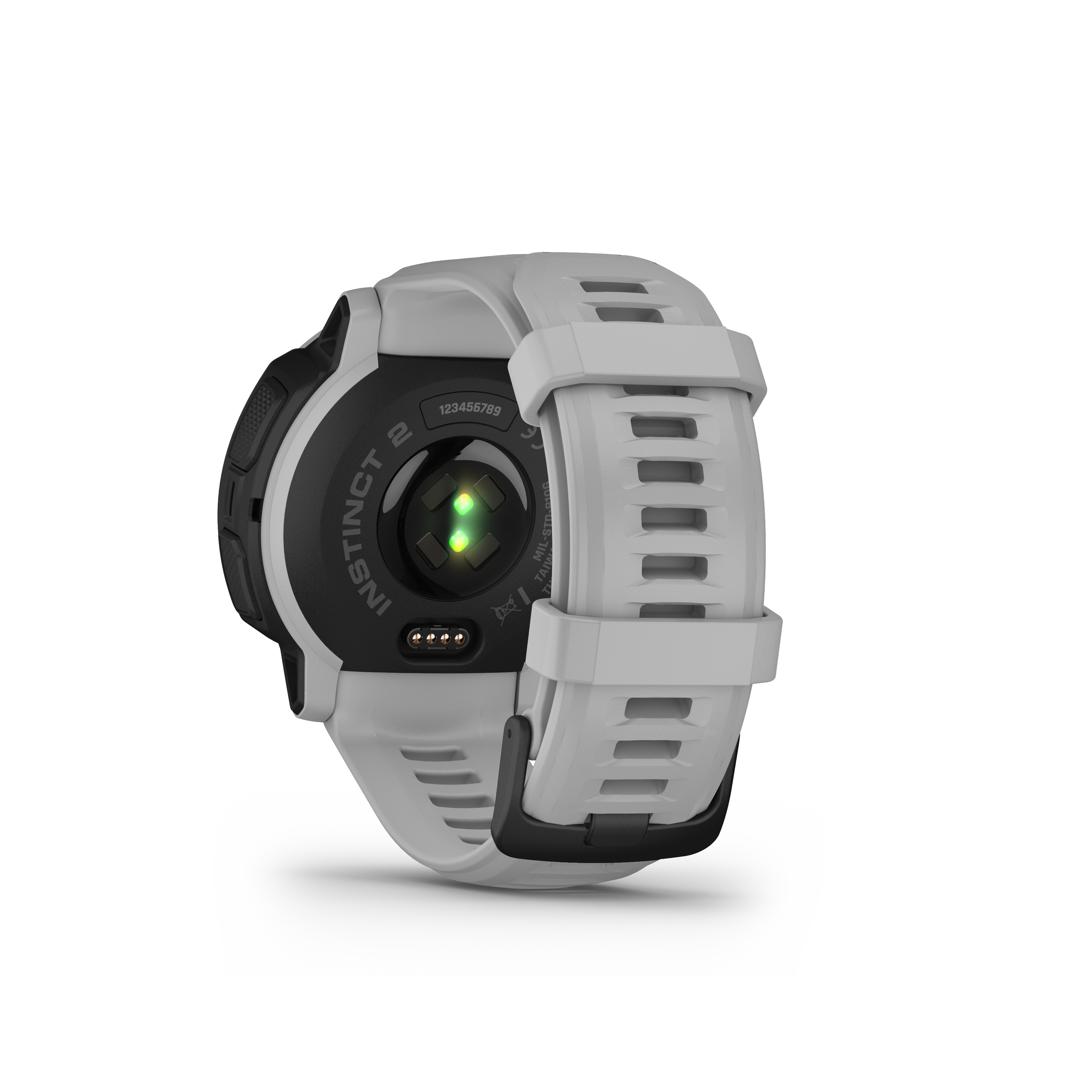 Eine graue Garmin-Uhr, Rückansicht, mit Sensoren, Armband und Text 'Instinct 2'.