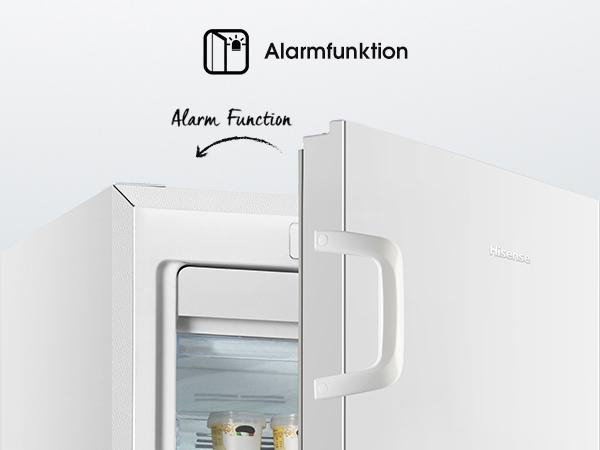 Weiße Kühlschranktür leicht geöffnet. Text sagt 'Alarmfunktion' mit einem Symbol.