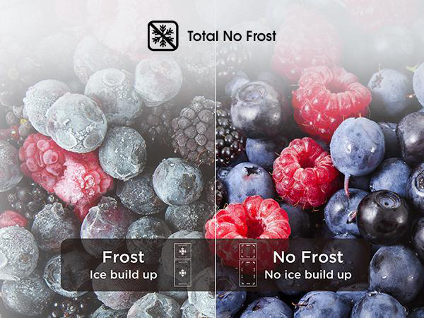 Bild vergleicht Frost und No Frost in einem Kühlschrank. Zeigt Beeren auf beiden Seiten.
