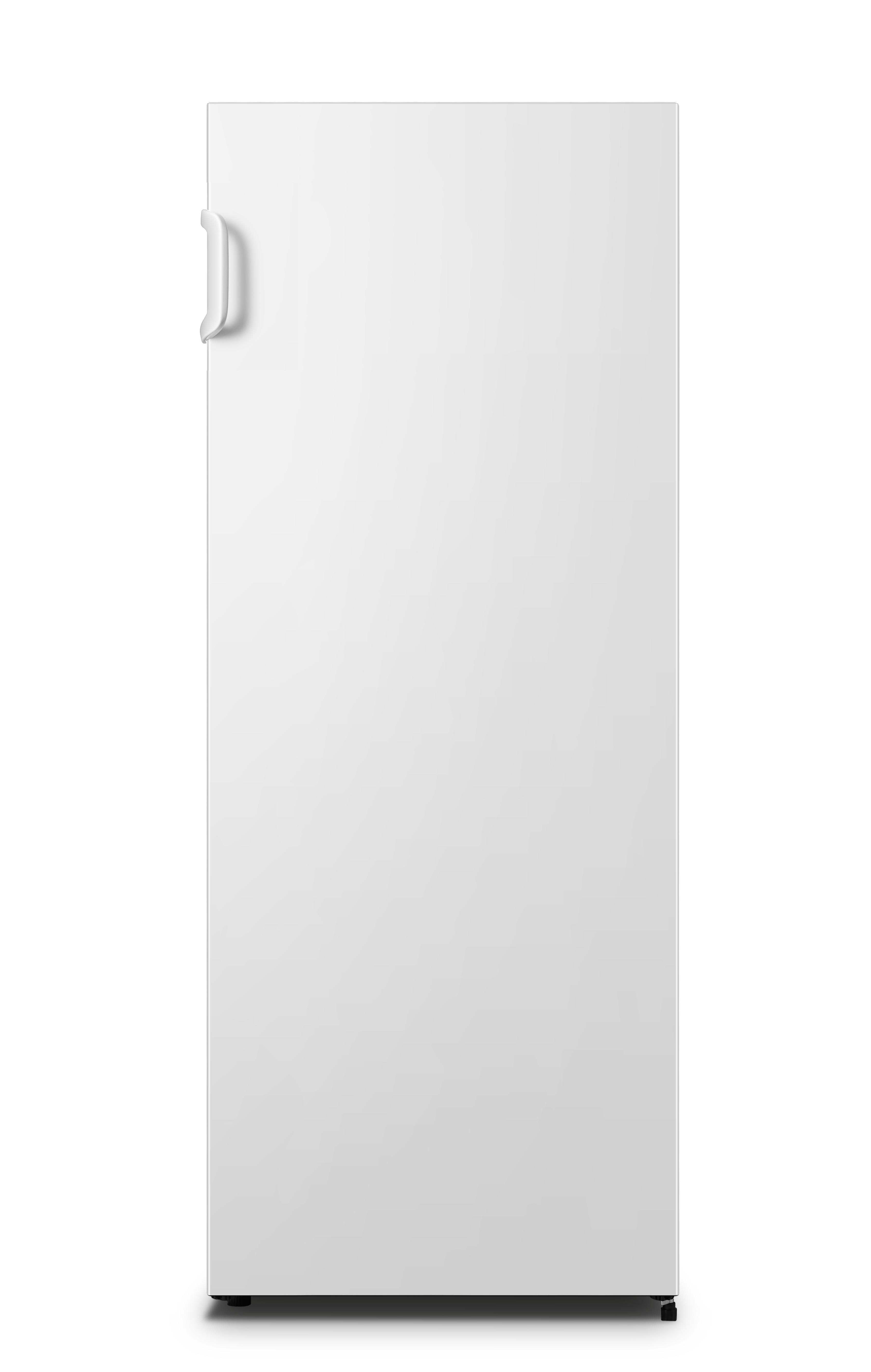 Ein weißer Kühlschrank auf weißem Hintergrund. Er hat einen Griff.