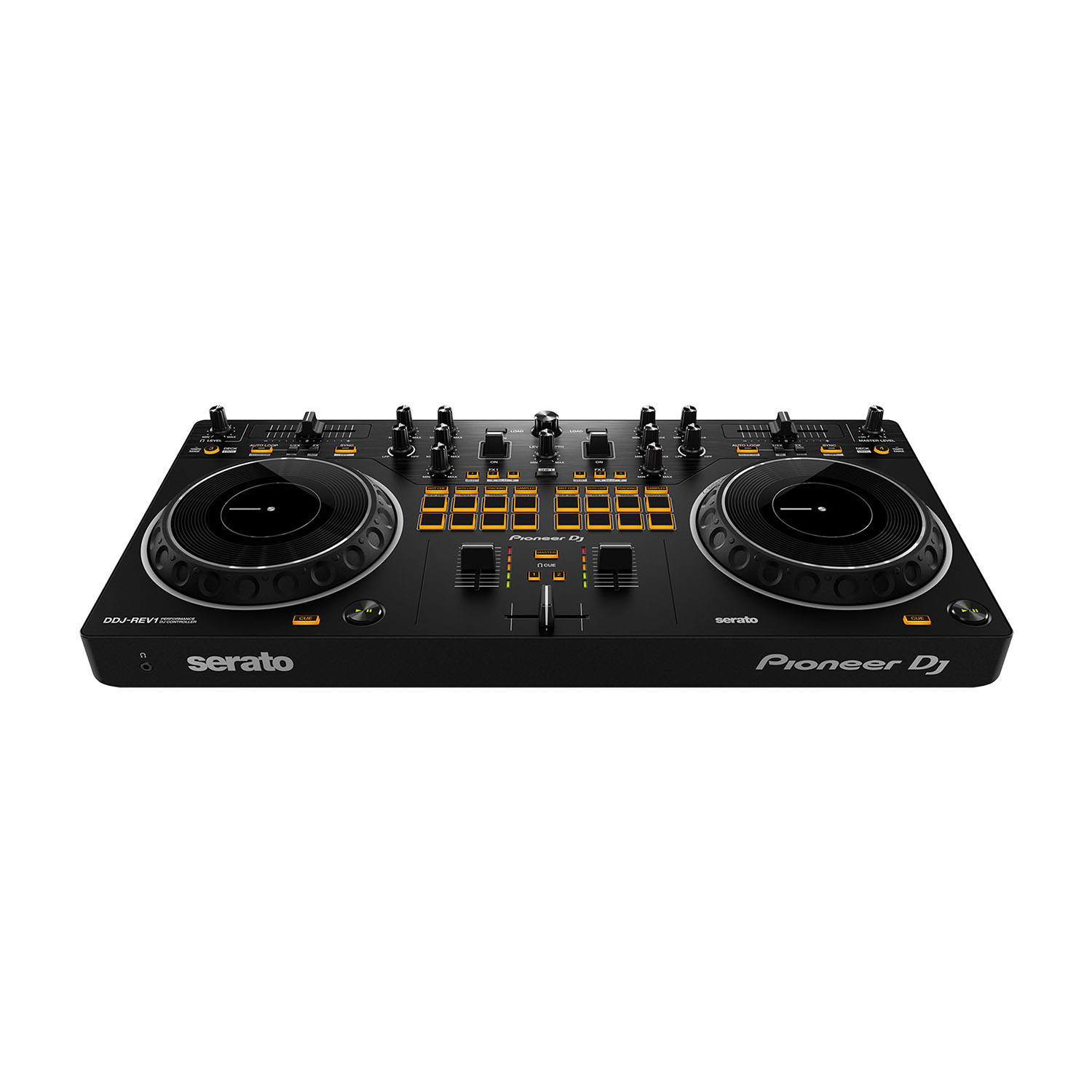 Un controller DJ nero con pulsanti gialli e due giradischi.