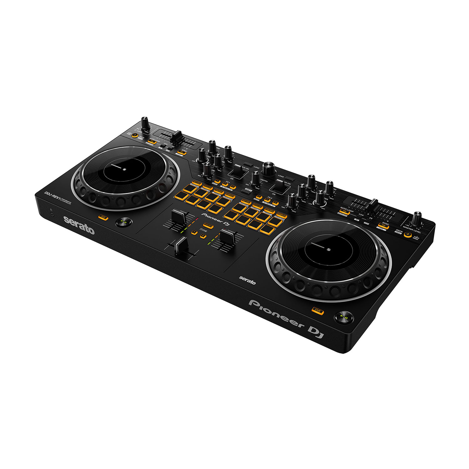 Controller DJ nero con due giradischi e un mixer.
