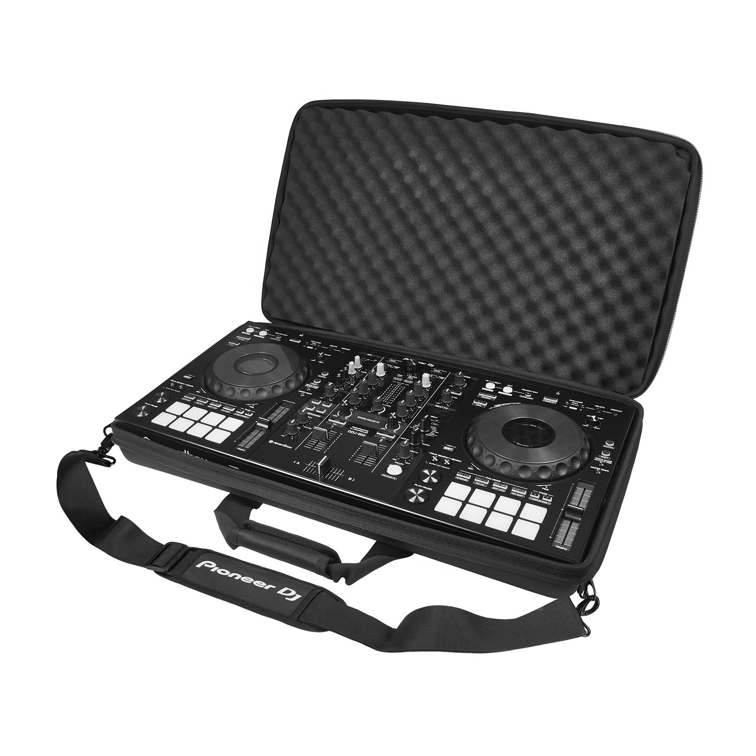 Controller DJ nero in custodia aperta, con tracolla.