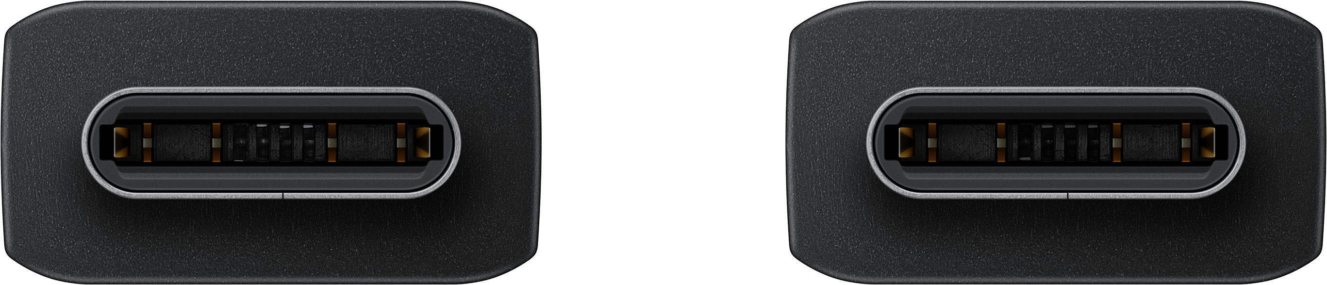 Due connettori USB-C neri affiancati su uno sfondo nero.