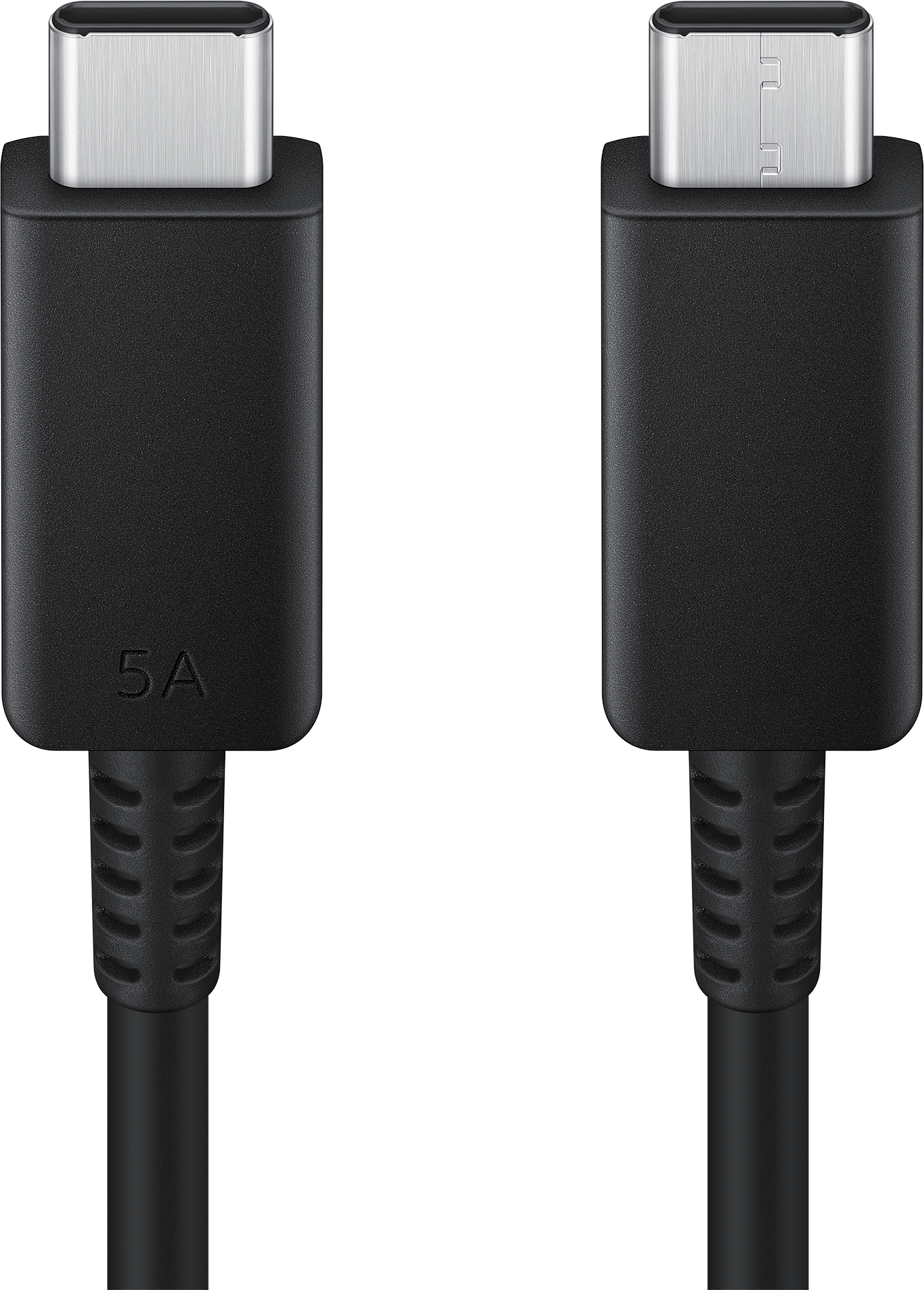 Due cavi USB-C neri affiancati, con un'indicazione 5A su uno, su sfondo nero.