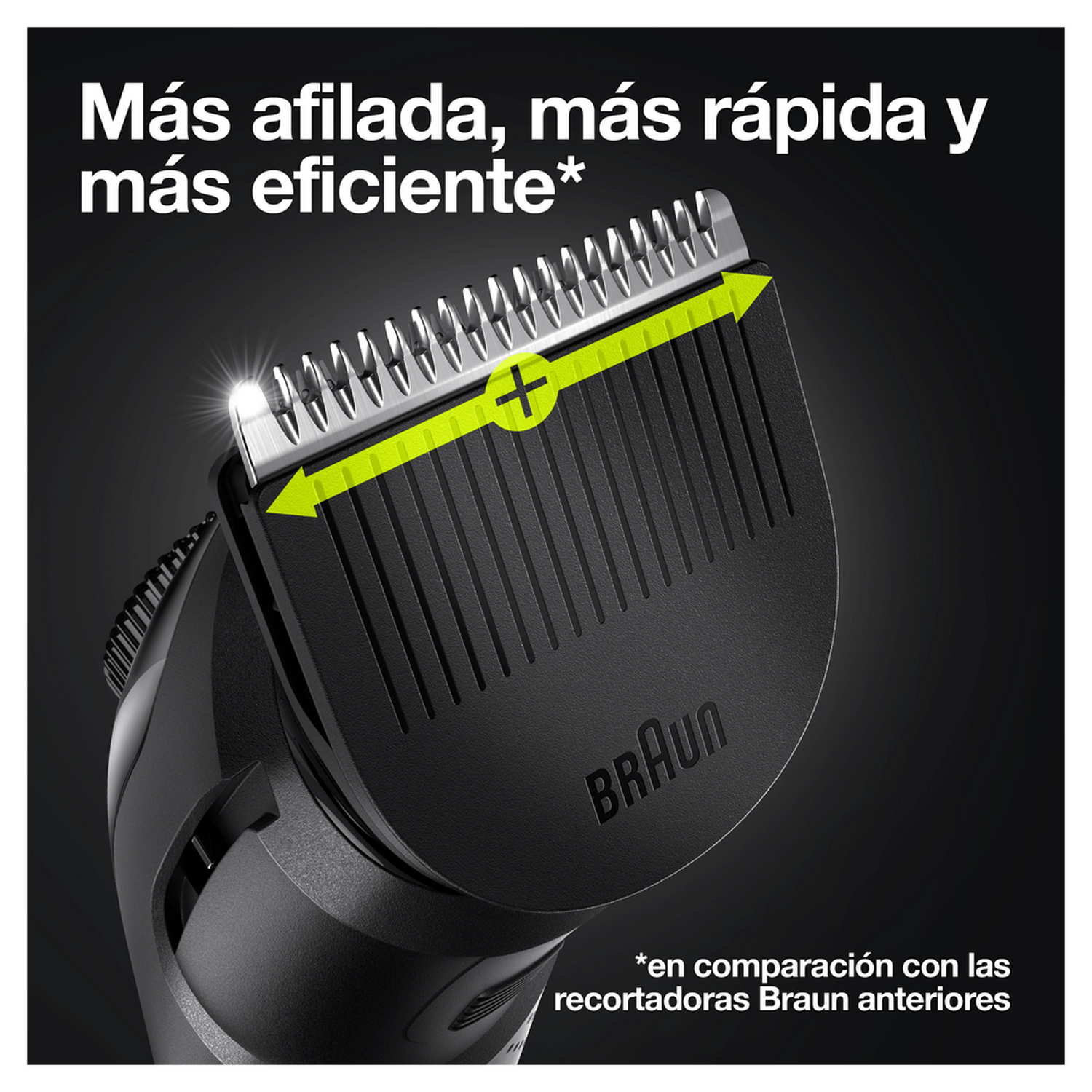 Primer plano de un recortador Braun negro, con texto y una flecha verde.