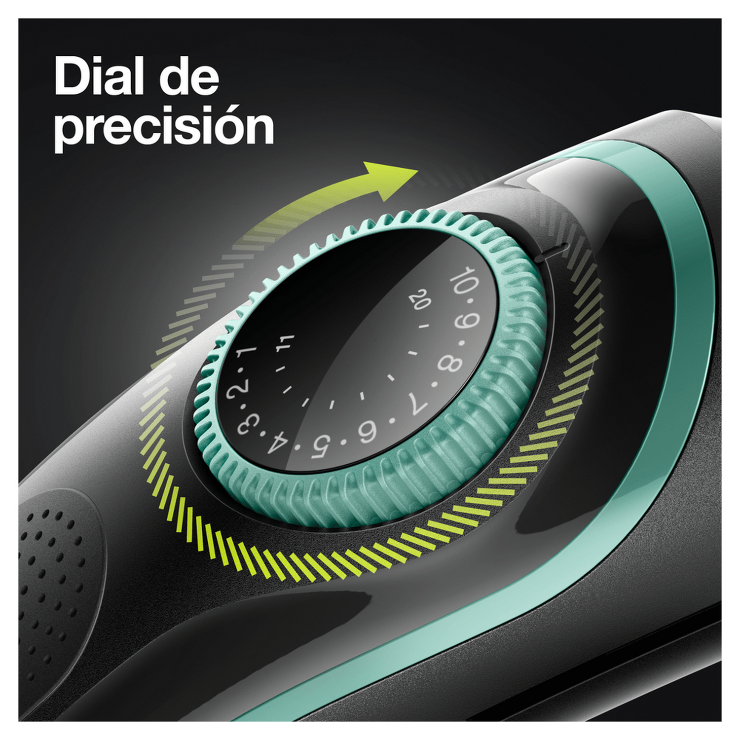 Primer plano del dial de una recortadora de barba. Es verde y negro con números.
