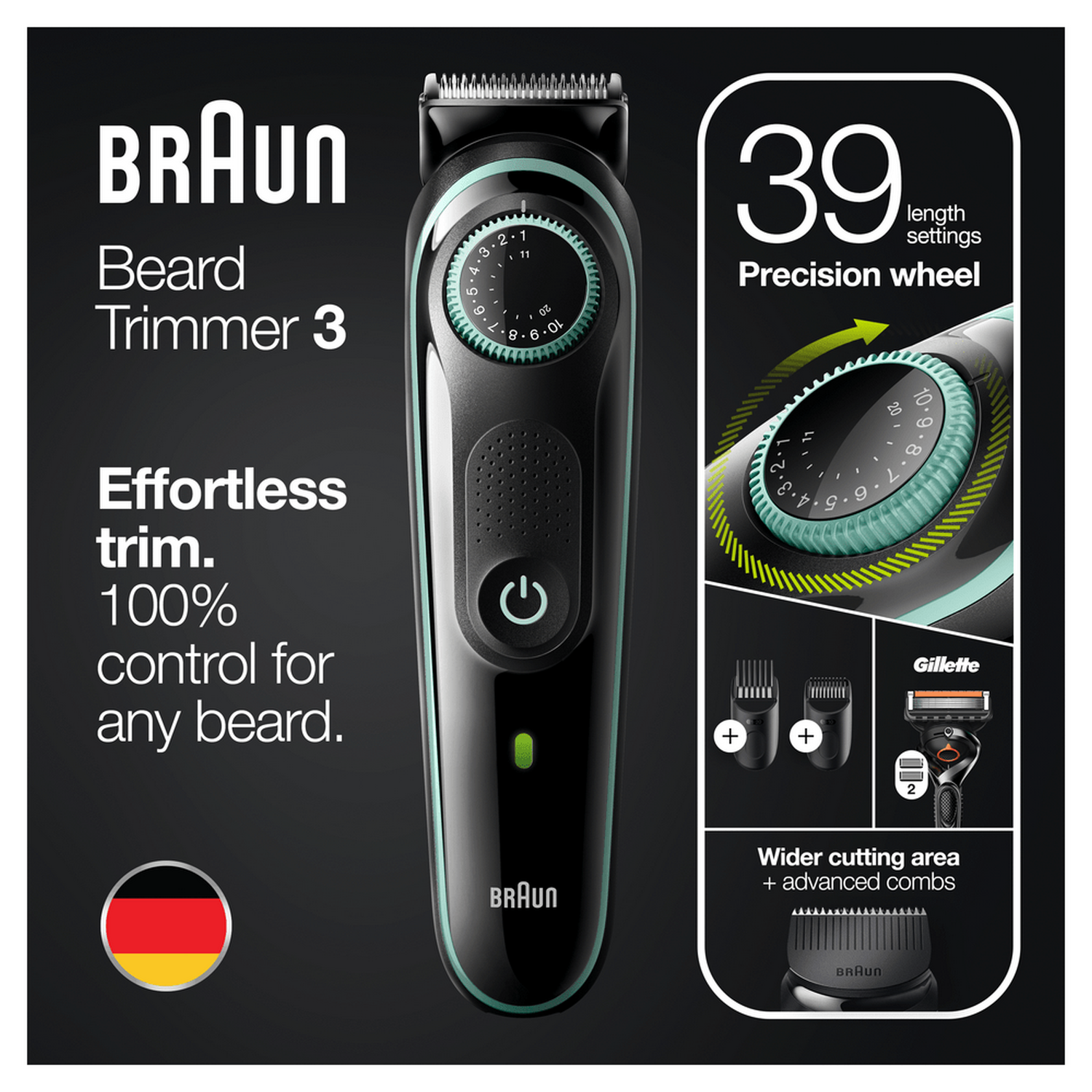 Recortadora de barba Braun 3 con funciones y accesorios, esquema de colores negro y verde.